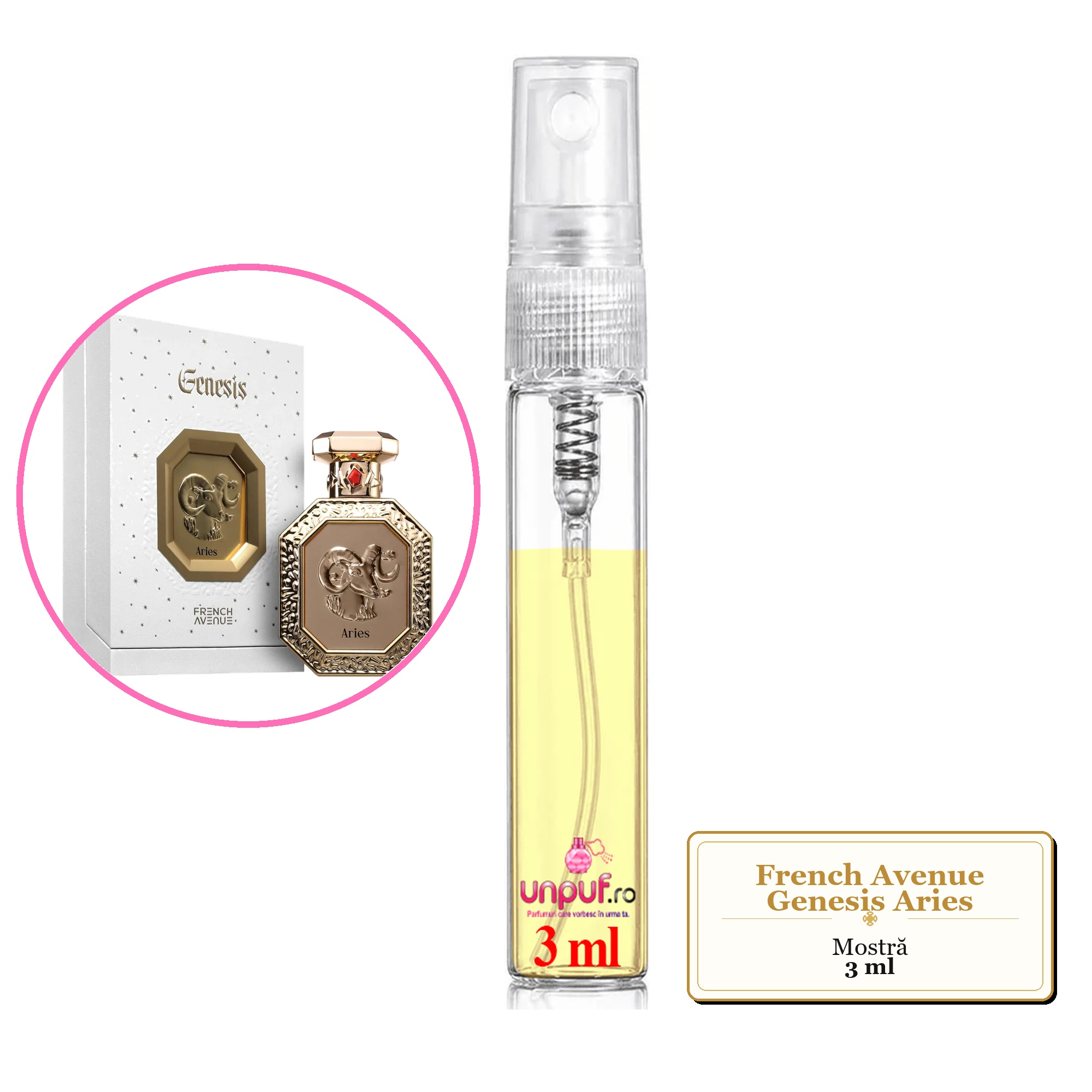 Mostra fiola din Parfumul French Avenue Genesis Aries, decant sticla cu pulverizator