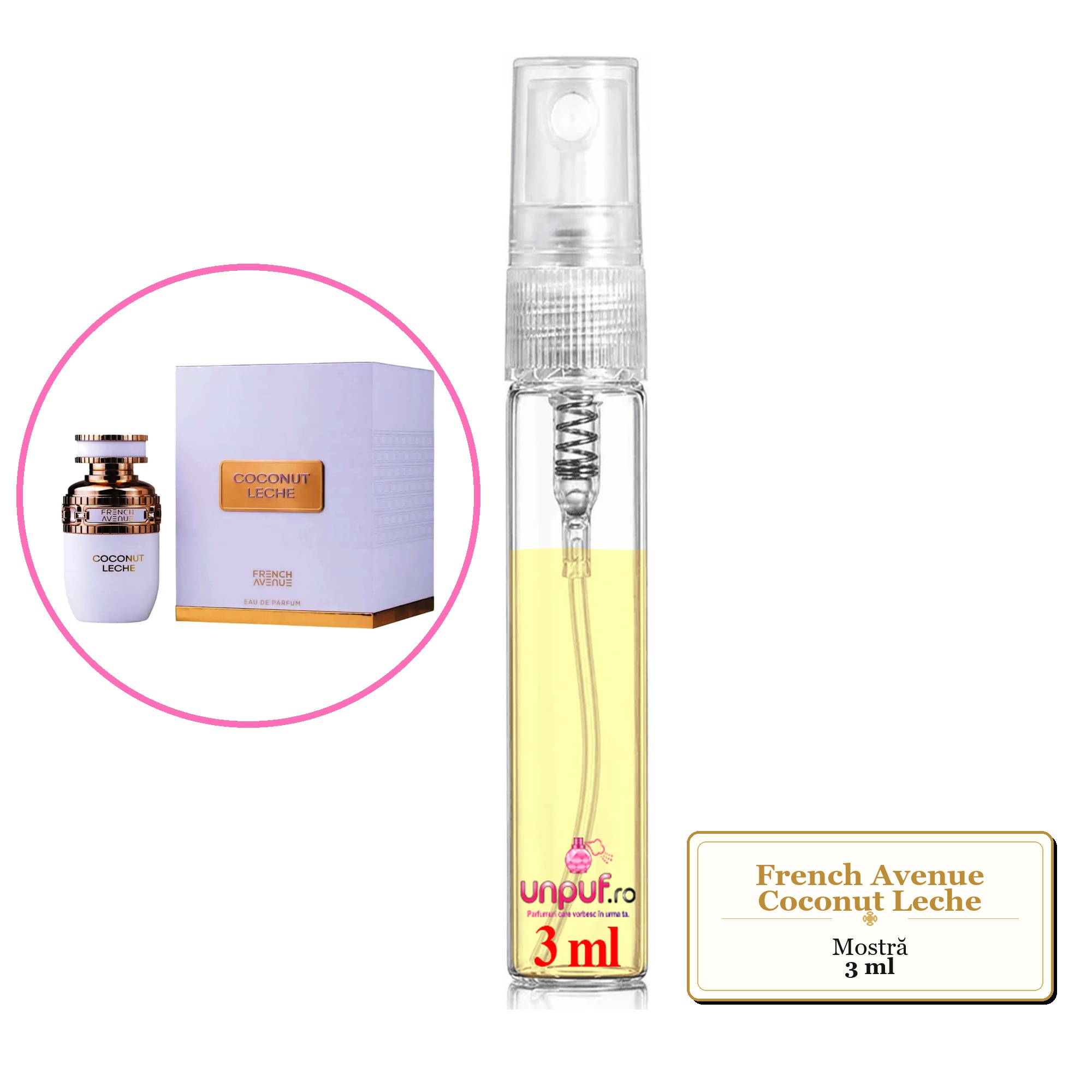 Mostra fiola din Parfumul French Avenue Coconut Leche, decant sticla cu pulverizator