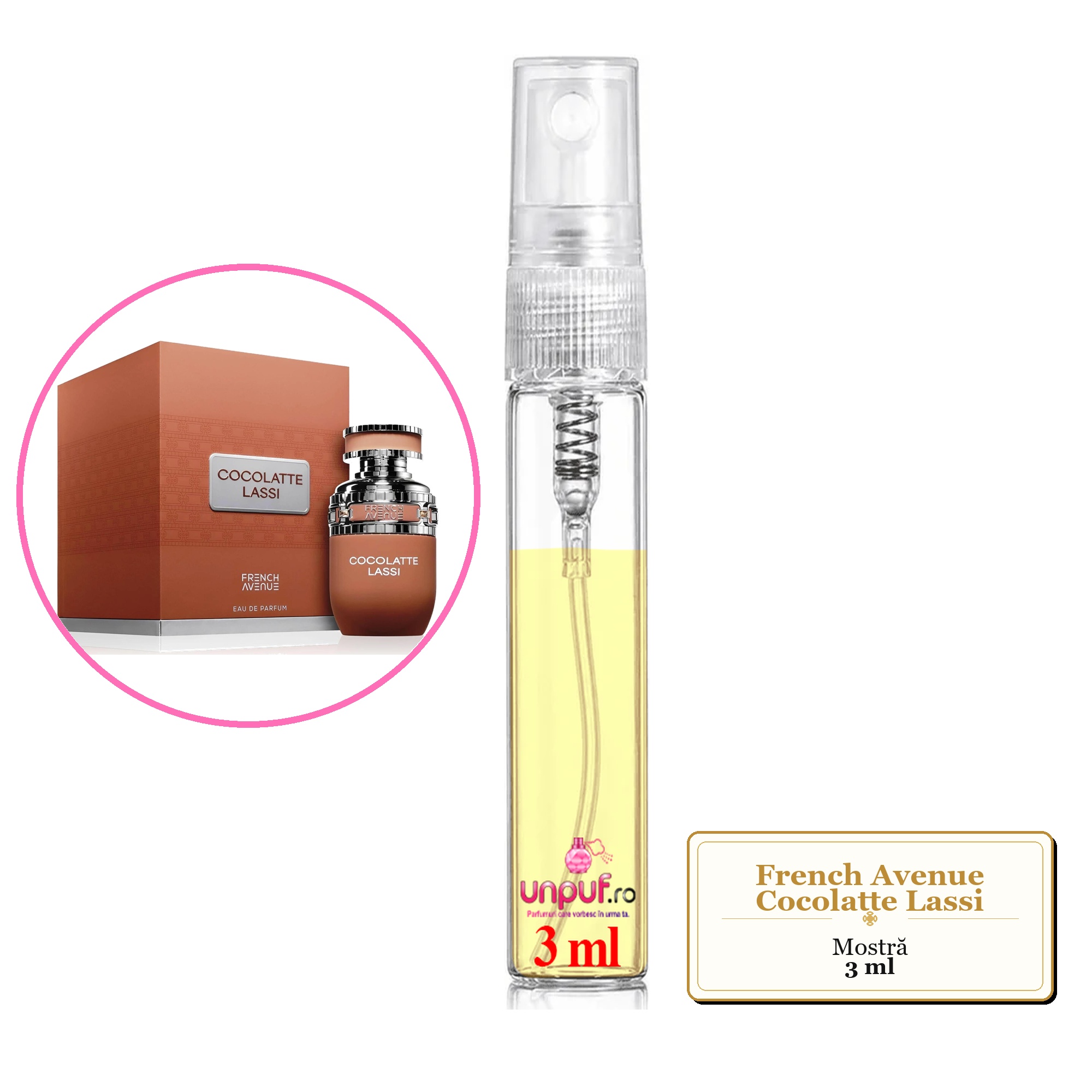 Mostra fiola din Parfumul French Avenue Cocolatte Lassi, decant sticla cu pulverizator