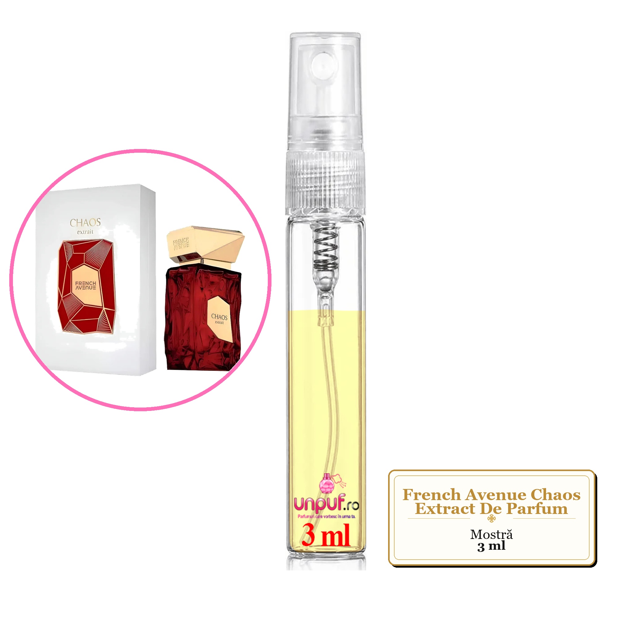 Mostra fiola din Parfumul French Avenue Chaos Extract De Parfum, decant sticla cu pulverizator 
