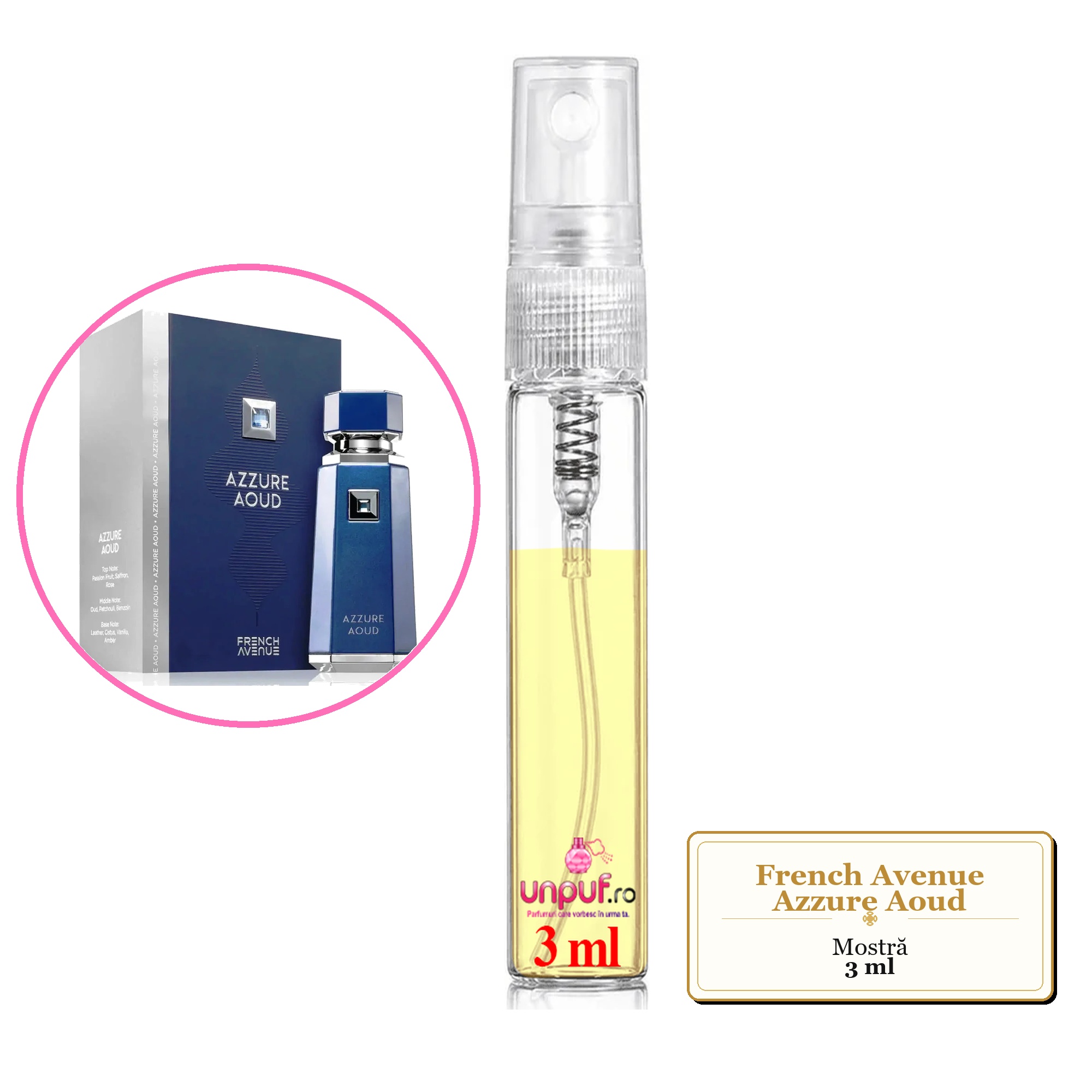 Mostra fiola din Parfumul French Avenue Azzure Aoud, decant sticla cu pulverizator
