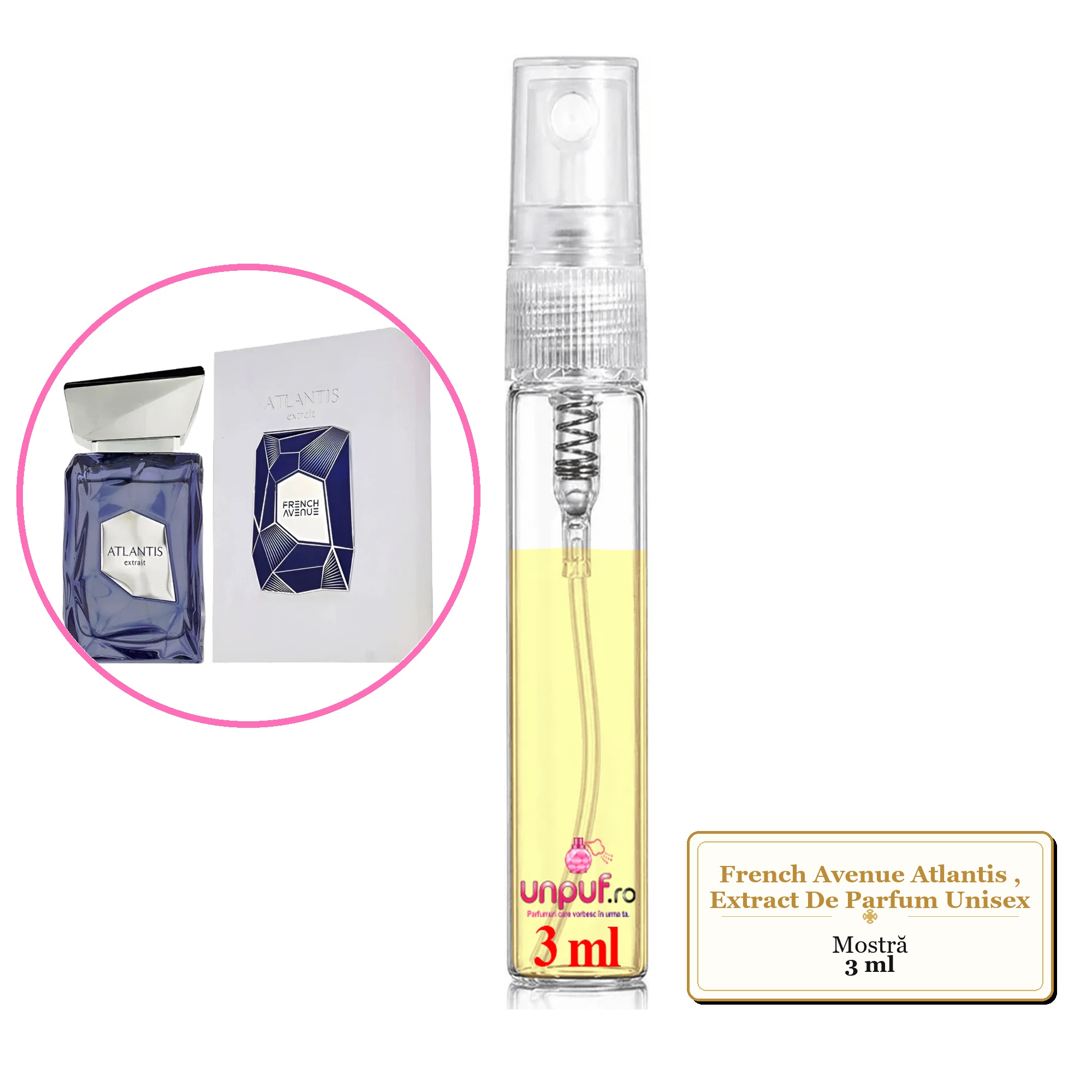 Mostra fiola din Parfumul French Avenue Atlantis, Extract De Parfum Unisex, decant sticla cu pulverizator 