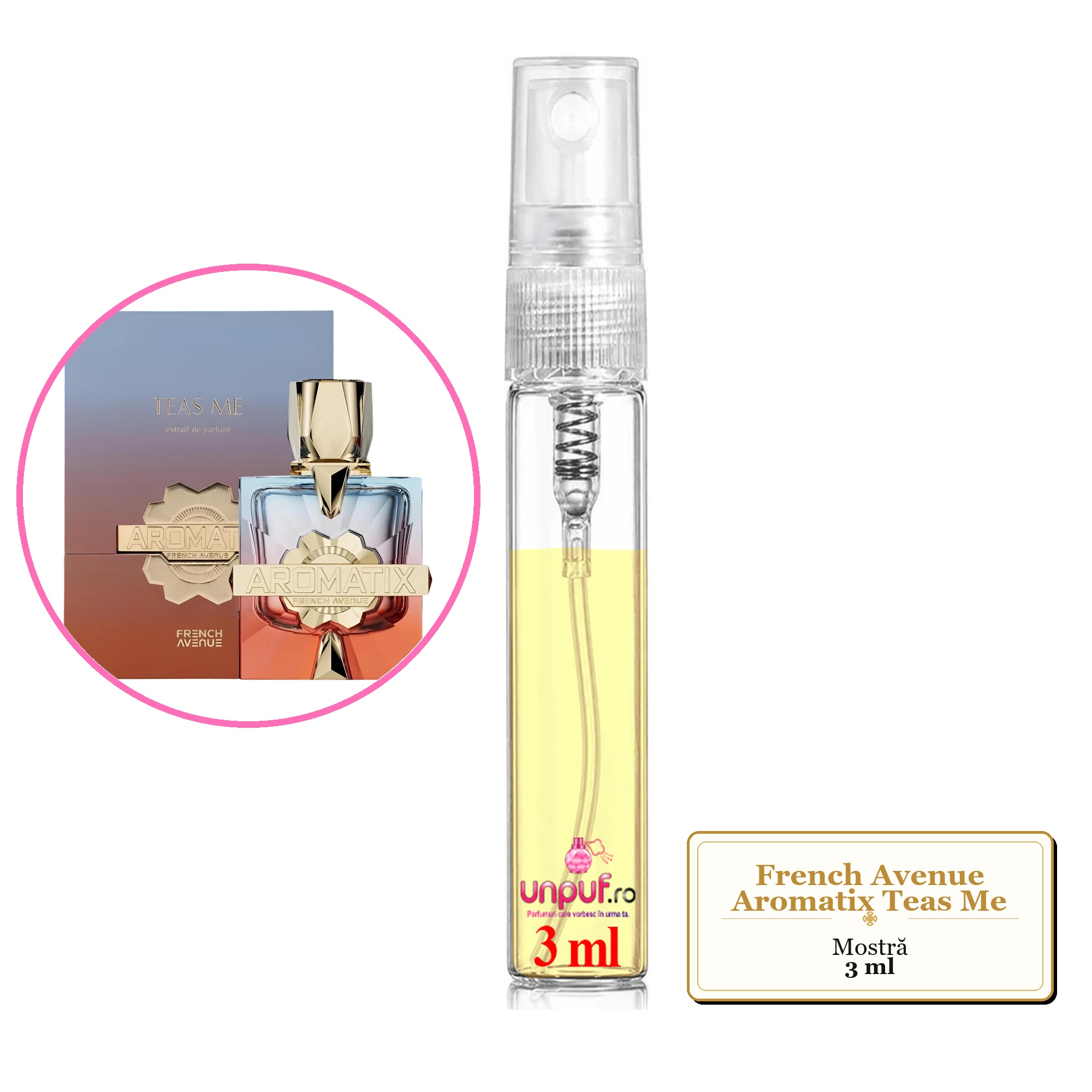 Mostra fiola din Parfumul French Avenue Aromatix Teas Me, decant sticla cu pulverizator