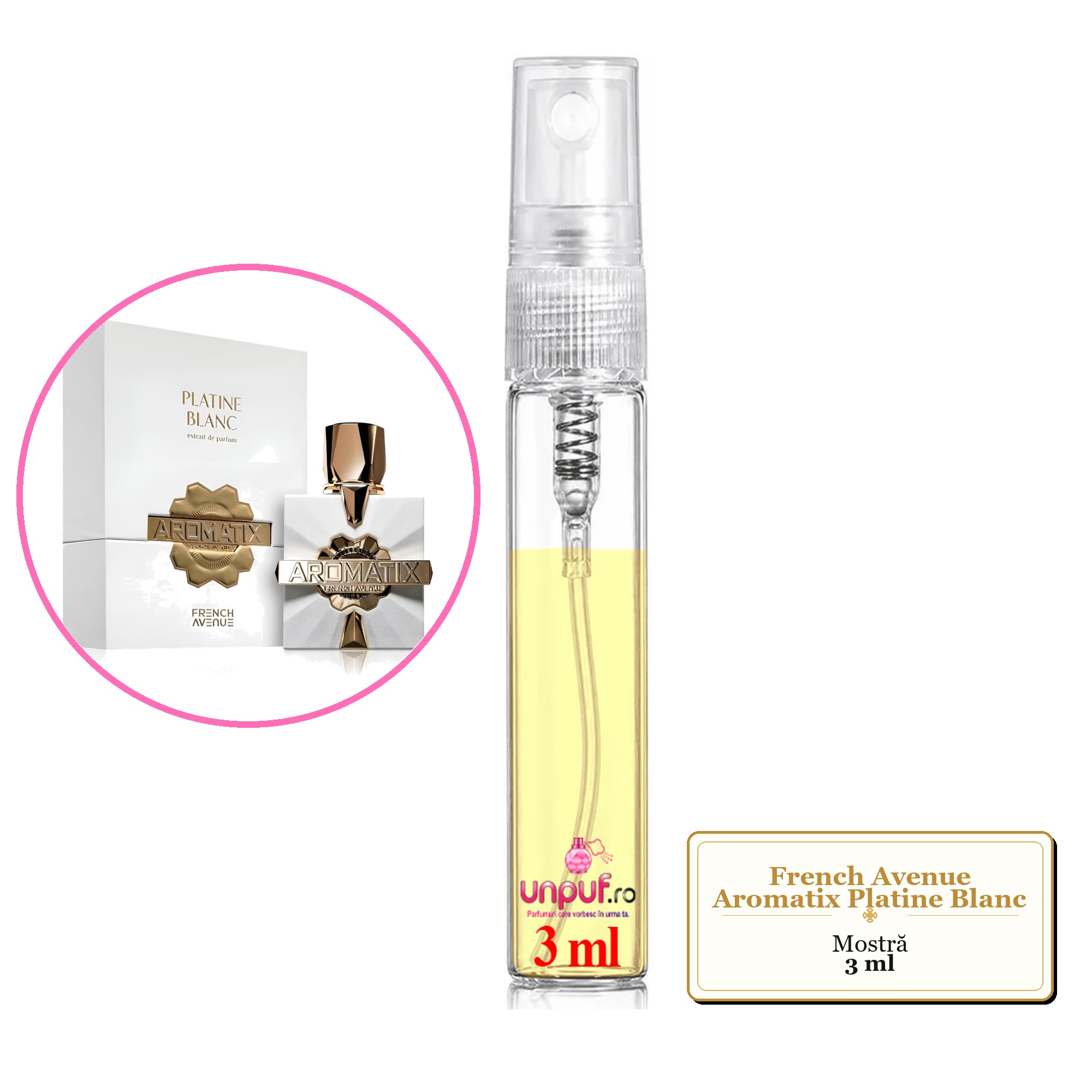 Mostra fiola din Parfumul French Avenue Aromatix Platine Blanc, decant sticla cu pulverizator 