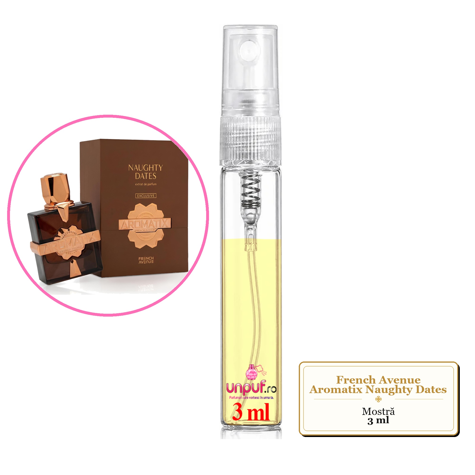 Mostra fiola din Parfumul French Avenue Aromatix Naughty Dates, decant sticla cu pulverizator