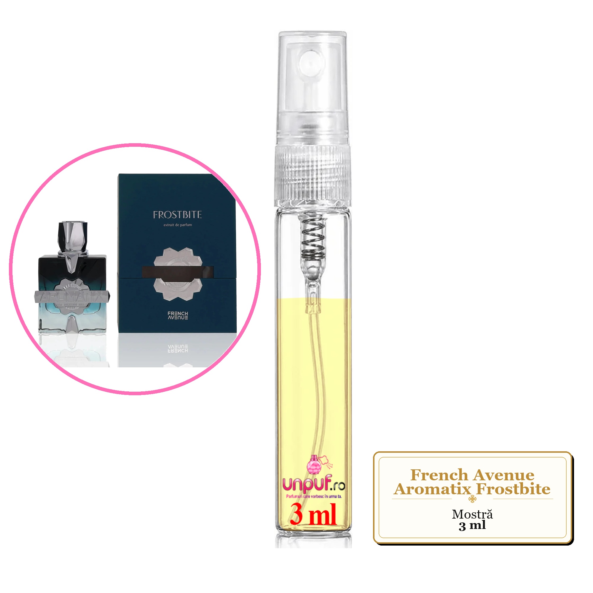 Mostra fiola din Parfumul French Avenue Aromatix Frostbite, decant sticla cu pulverizator 