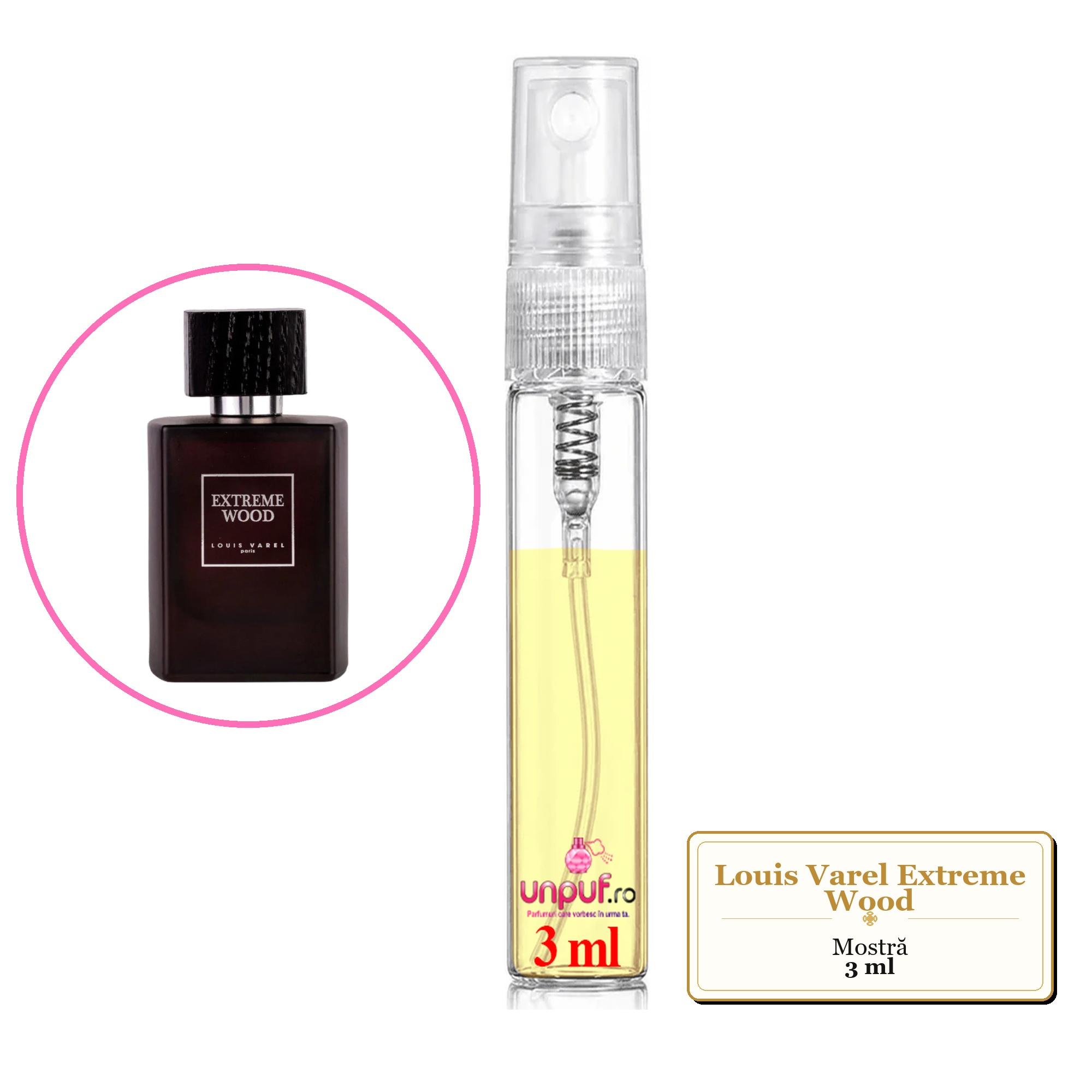 Mostra fiola din Parfumul Louis Varel Extreme Wood, decant sticla cu pulverizator 