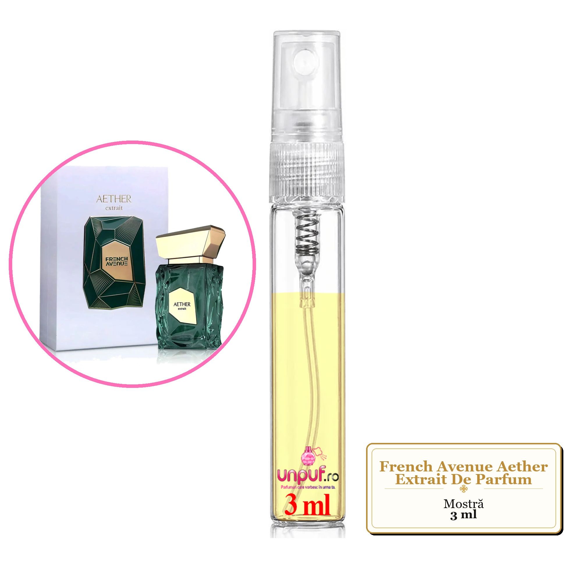 Mostra fiola din Parfumul French Avenue Aether Extrait De Parfum, decant sticla cu pulverizator