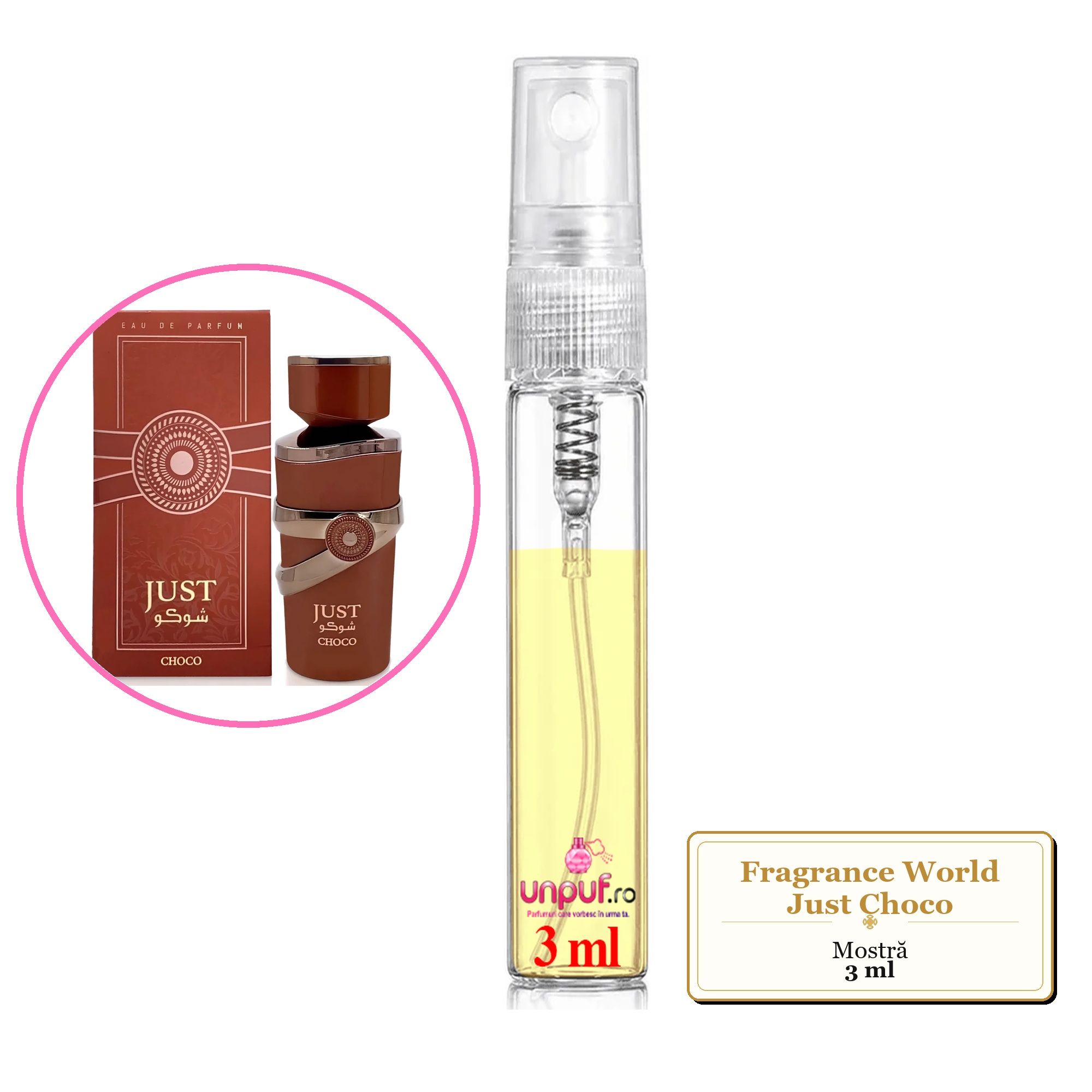Mostra fiola din Parfumul Fragrance World Just Choco, decant sticla cu pulverizator