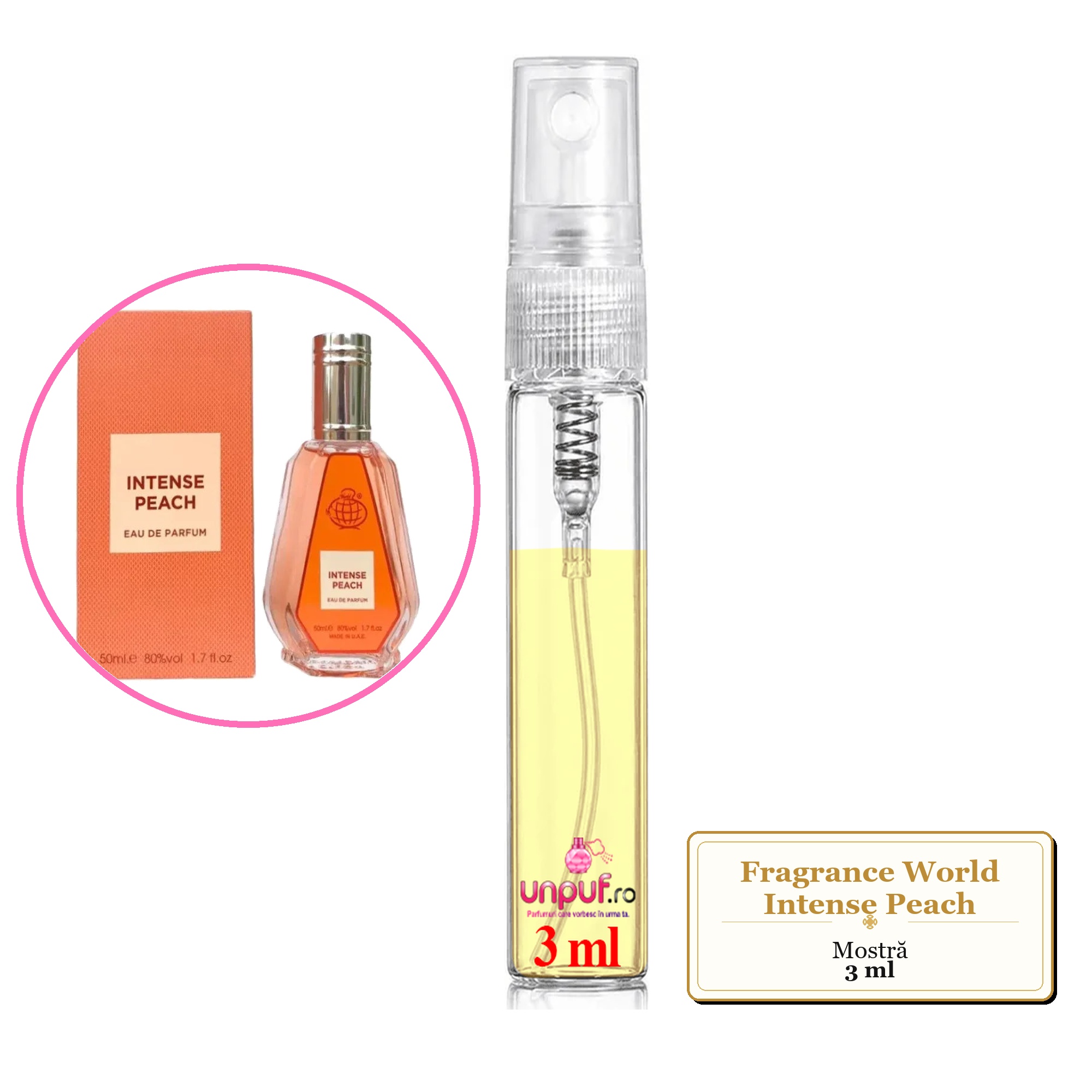 Mostra fiola din Parfumul Fragrance World Intense Peach, decant sticla cu pulverizator 