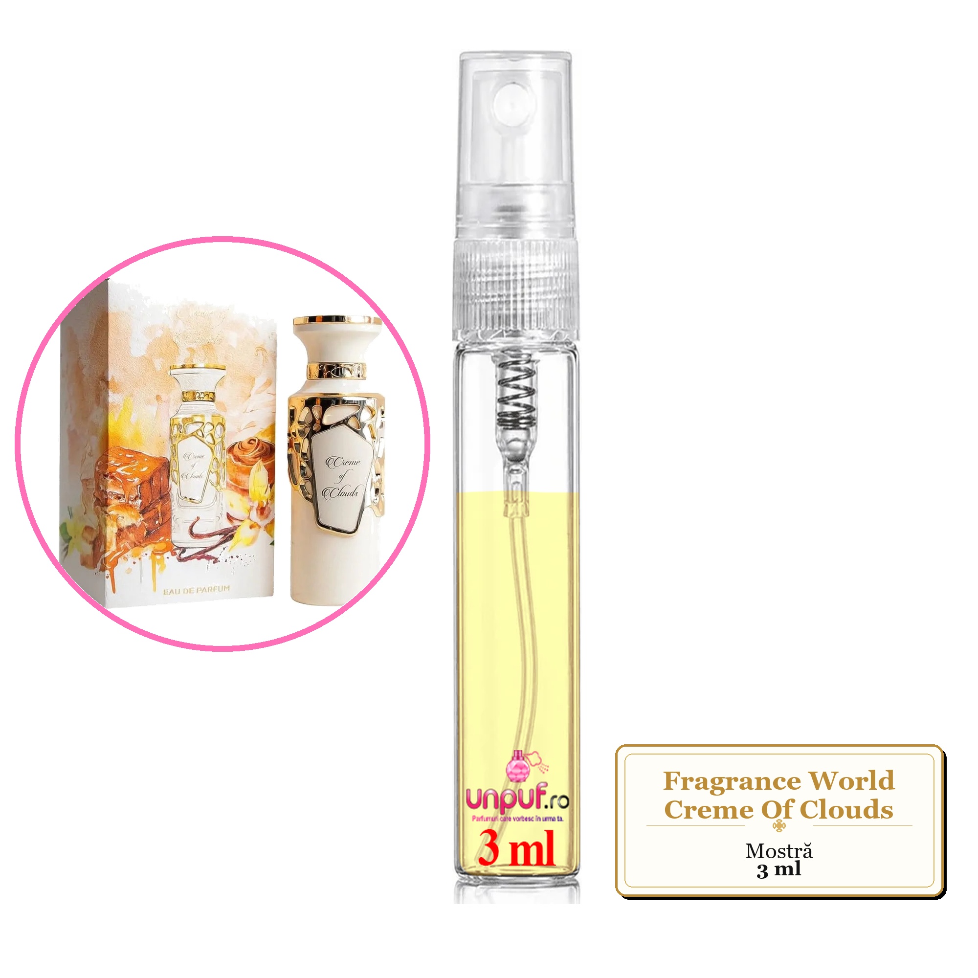 Mostra fiola din Parfumul Fragrance World Creme Of Clouds, decant sticla cu pulverizator 