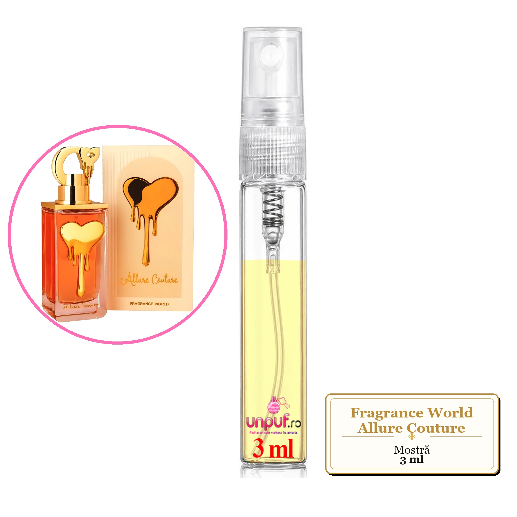 Mostra fiola din Parfumul Fragrance World Allure Couture, decant sticla cu pulverizator 