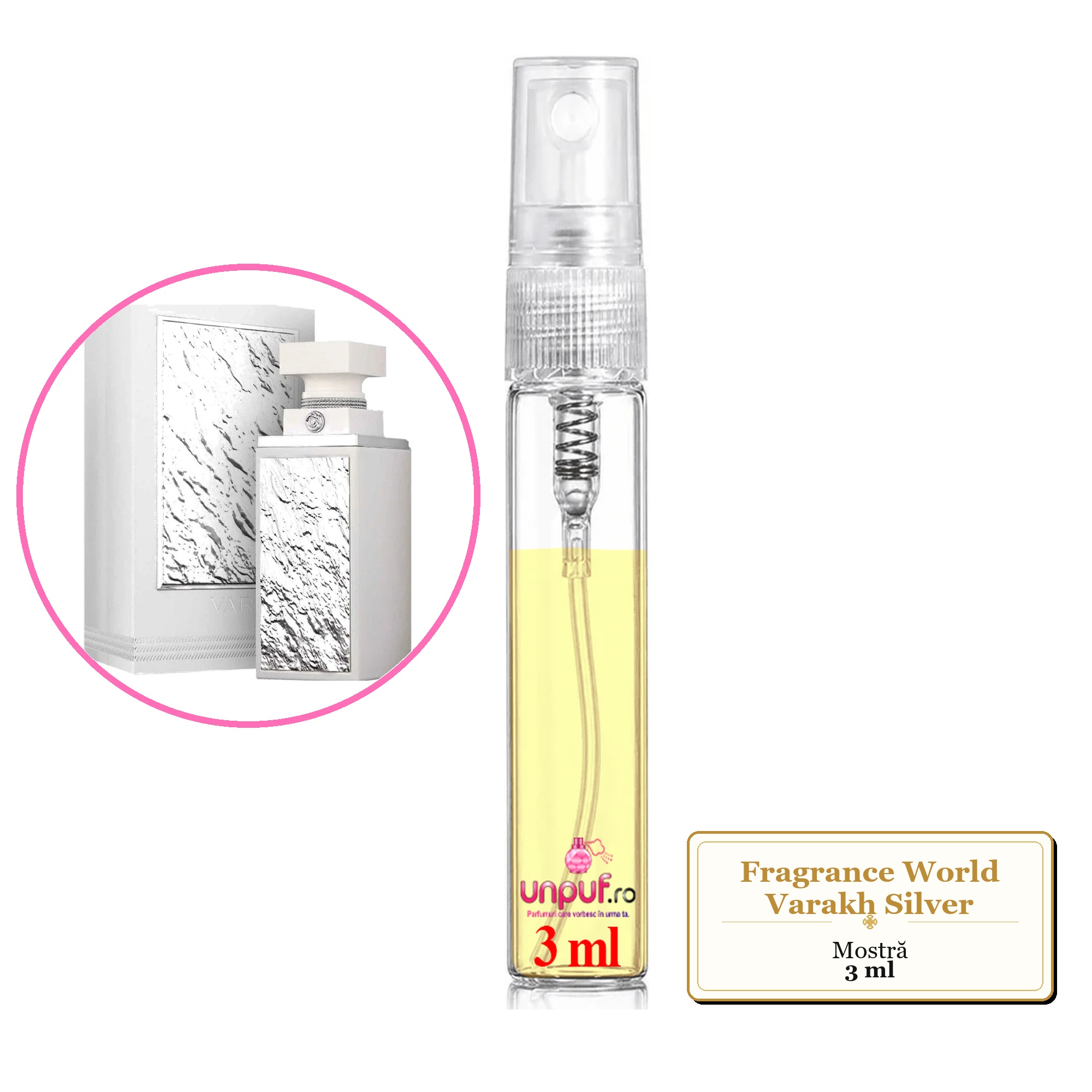 Mostra fiola din Parfumul Fragrance World Varakh Silver, decant sticla cu pulverizator 