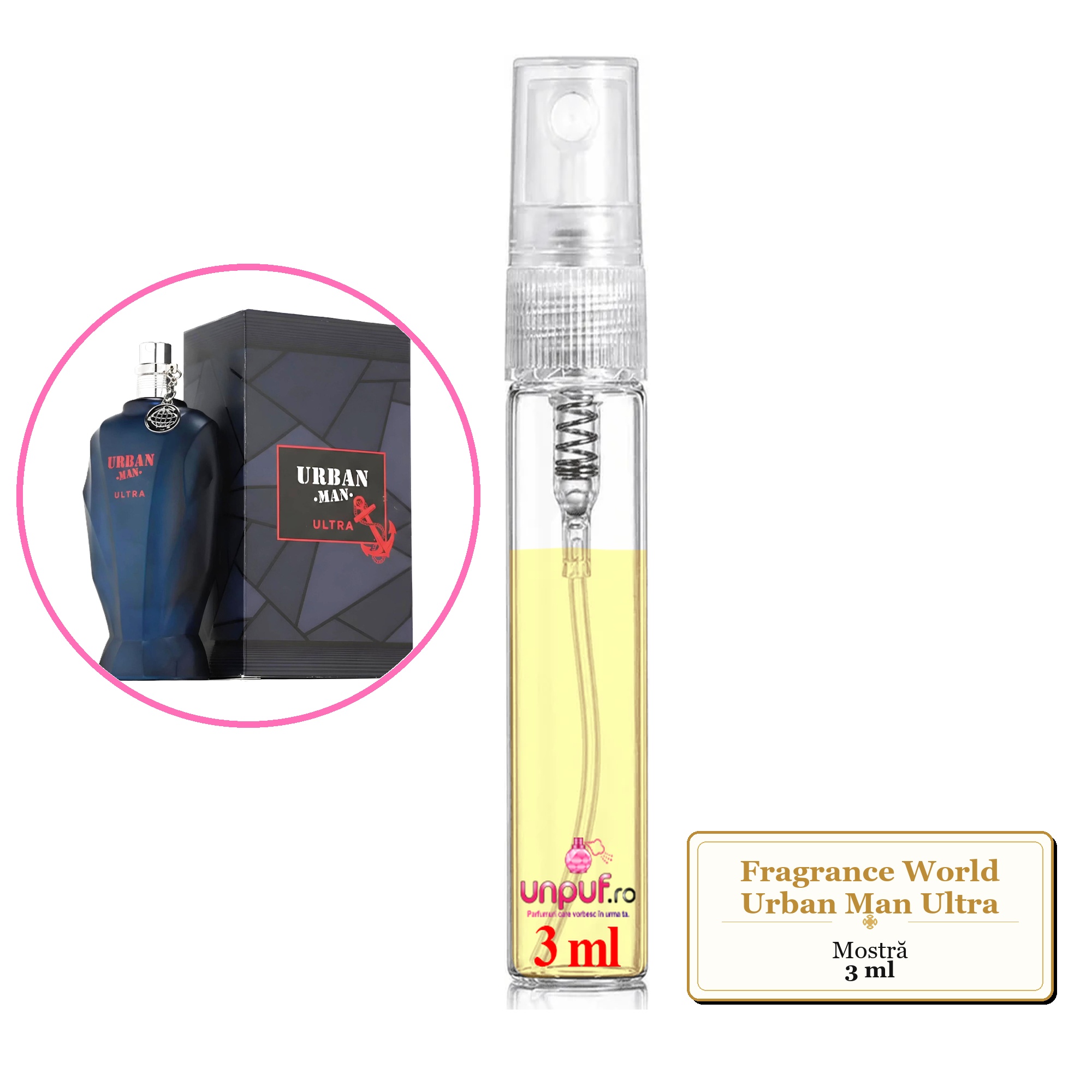 Mostra fiola din Parfumul Fragrance World Urban Man Ultra, decant sticla cu pulverizator 
