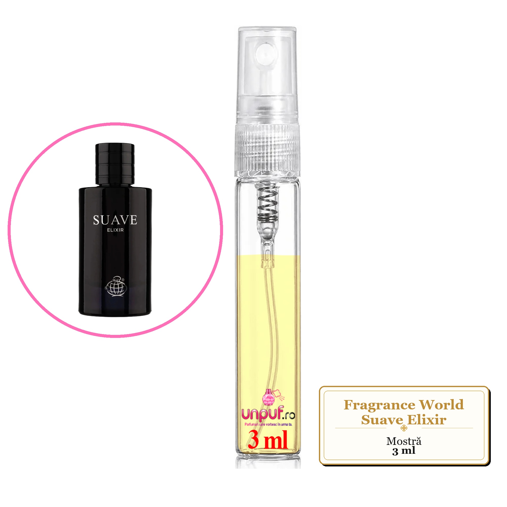 Mostra fiola din Parfumul Fragrance World Suave Elixir, decant sticla cu pulverizator 