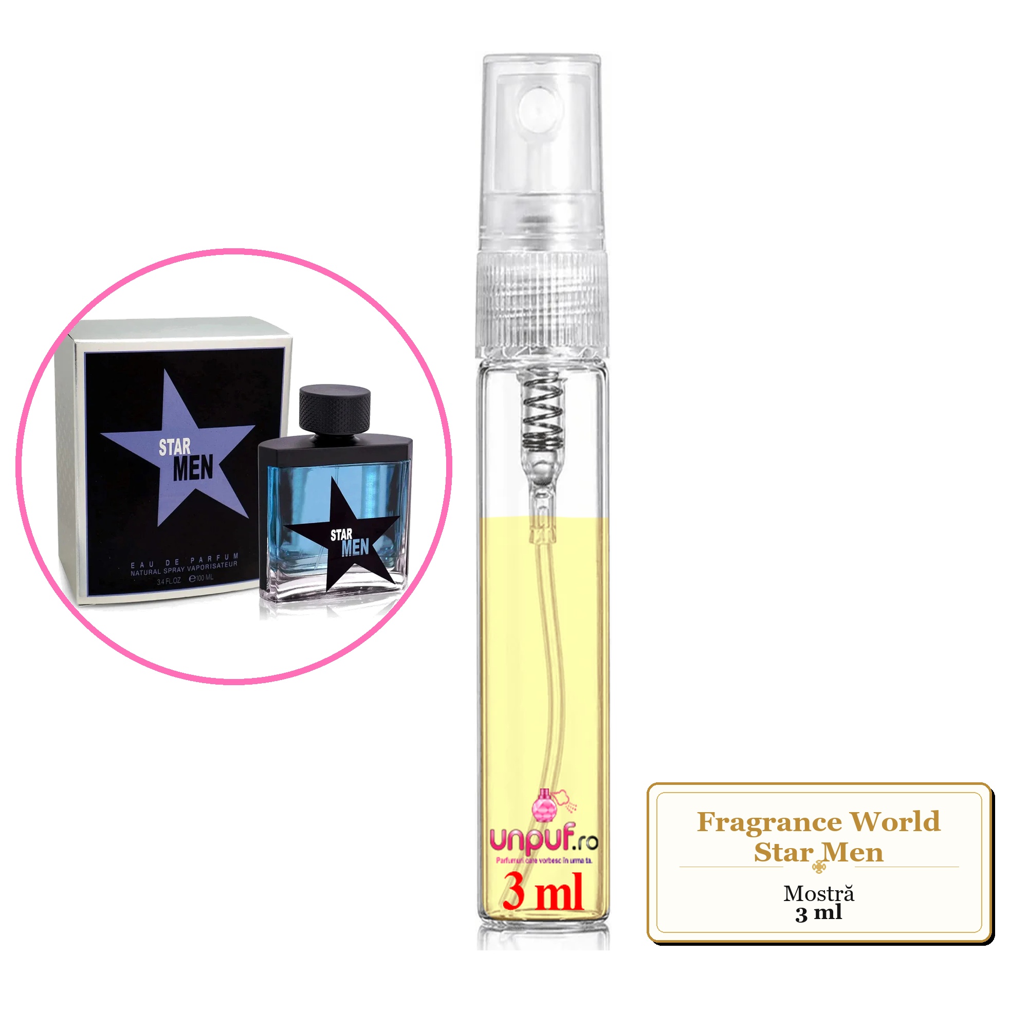 Mostra fiola din Parfumul Fragrance World Star Men, decant sticla cu pulverizator 