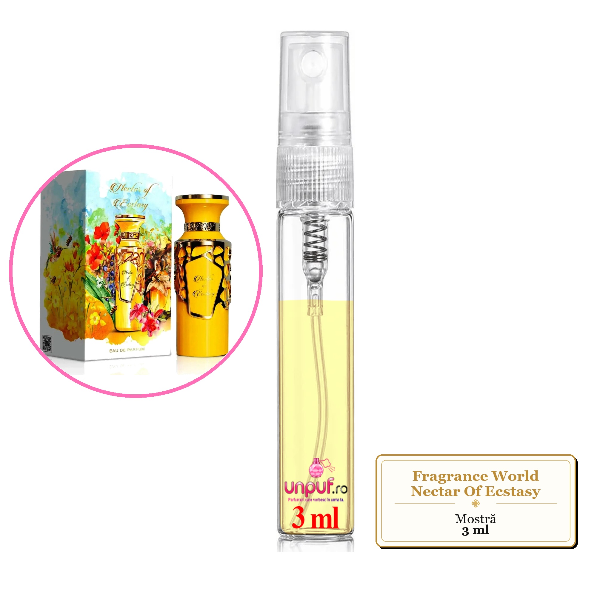 Mostra fiola din Parfumul Fragrance World Nectar Of Ecstasy, decant sticla cu pulverizator