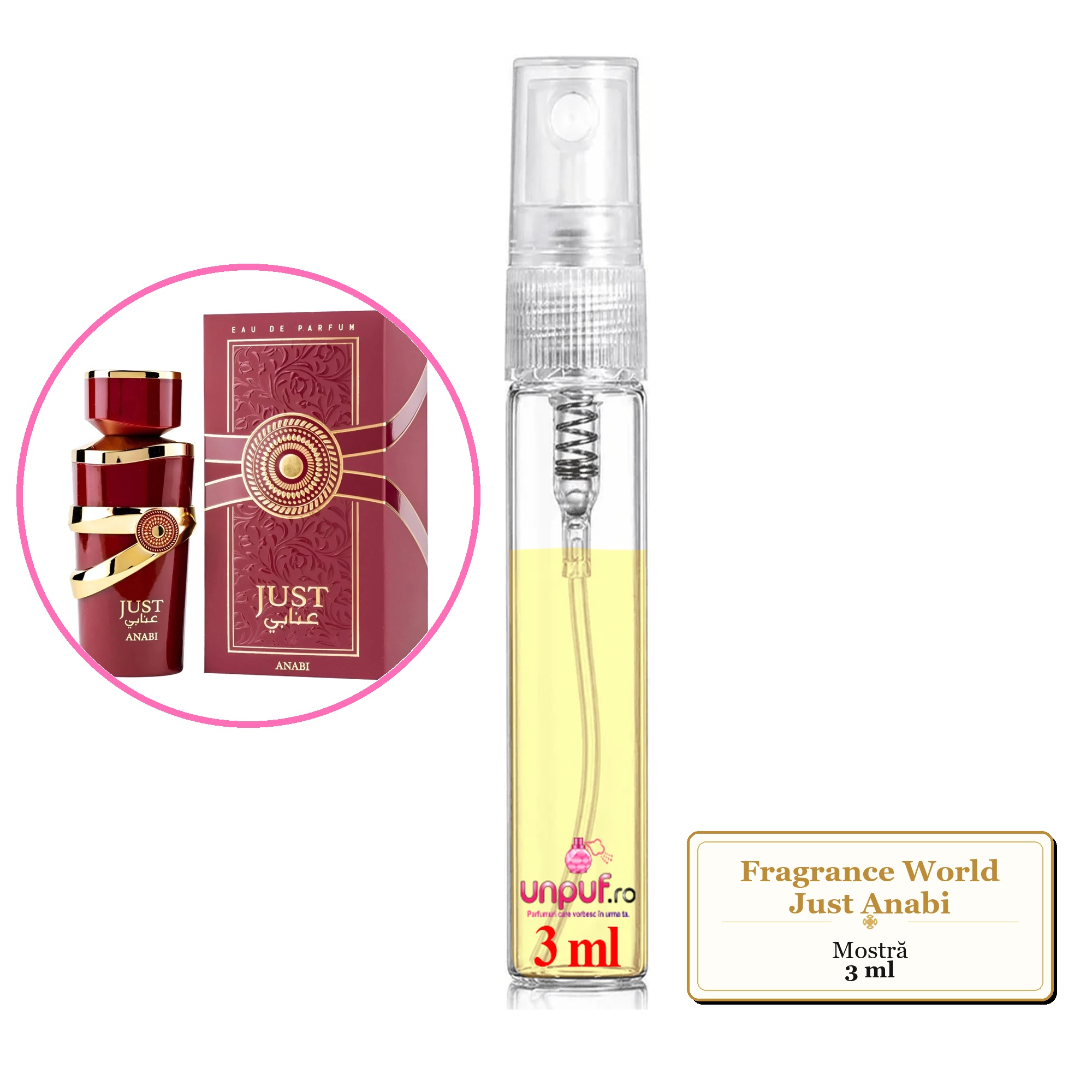Mostra fiola din Parfumul Fragrance World Just Anabi, decant sticla cu pulverizator