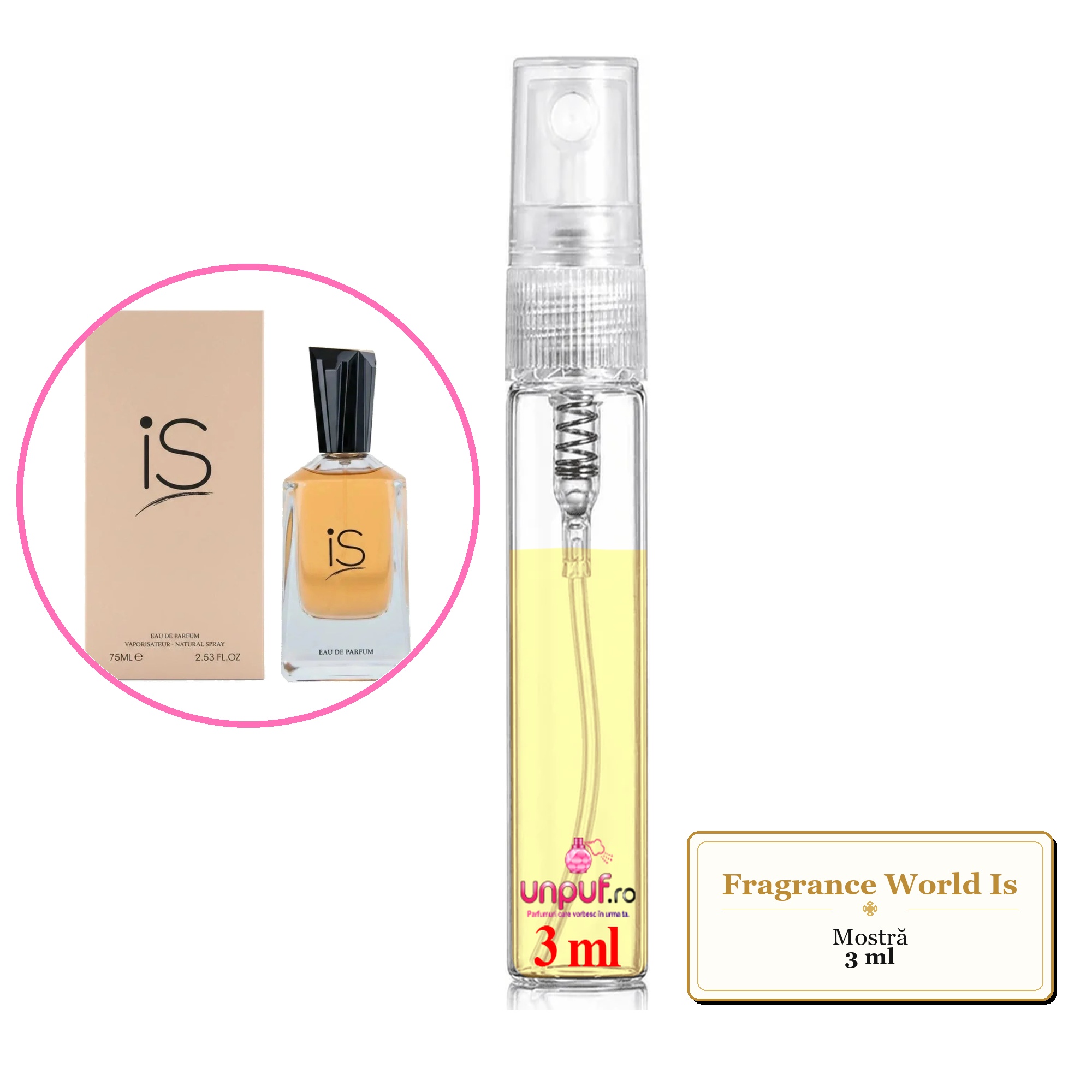 Mostra fiola din Parfumul Fragrance World Is, decant sticla cu pulverizator