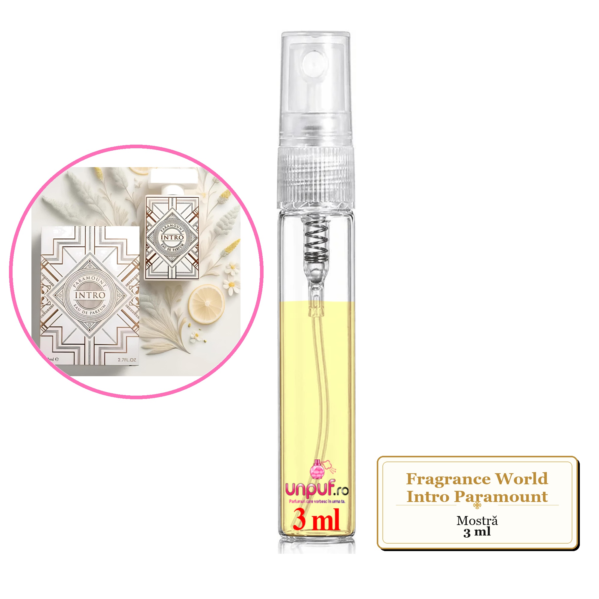 Mostra fiola din Parfumul Fragrance World Intro Paramount, decant sticla cu pulverizator
