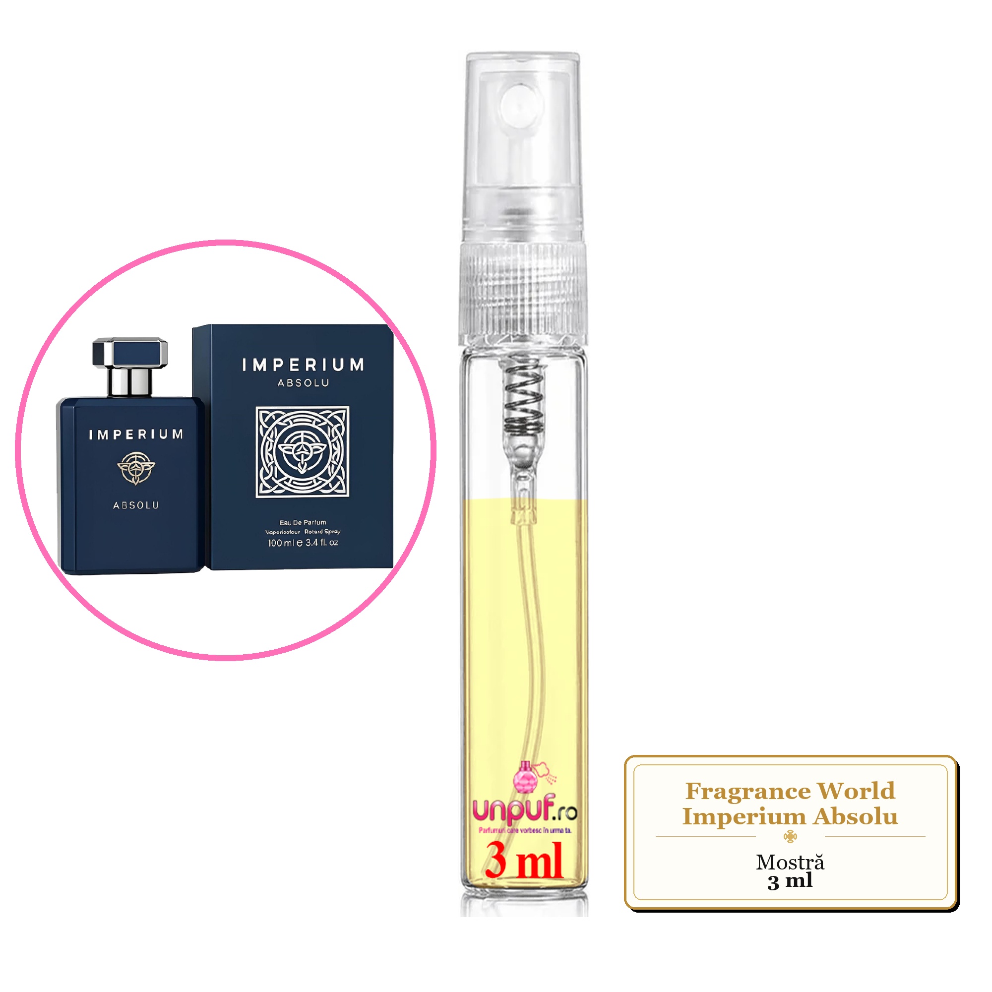 Mostra fiola din Parfumul Fragrance World Imperium Absolu, decant sticla cu pulverizator 