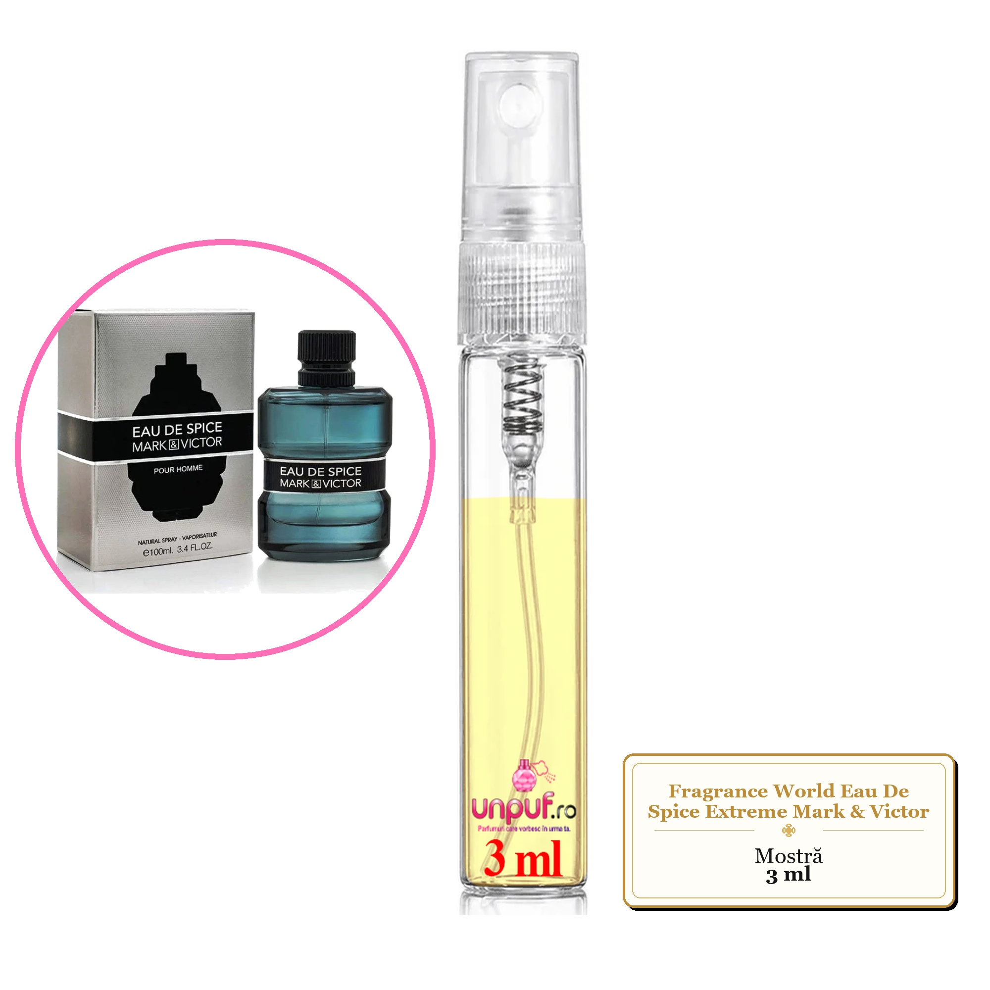 Mostra fiola din Parfumul Fragrance World Eau De Spice Extreme Mark & Victor, decant sticla cu pulverizator