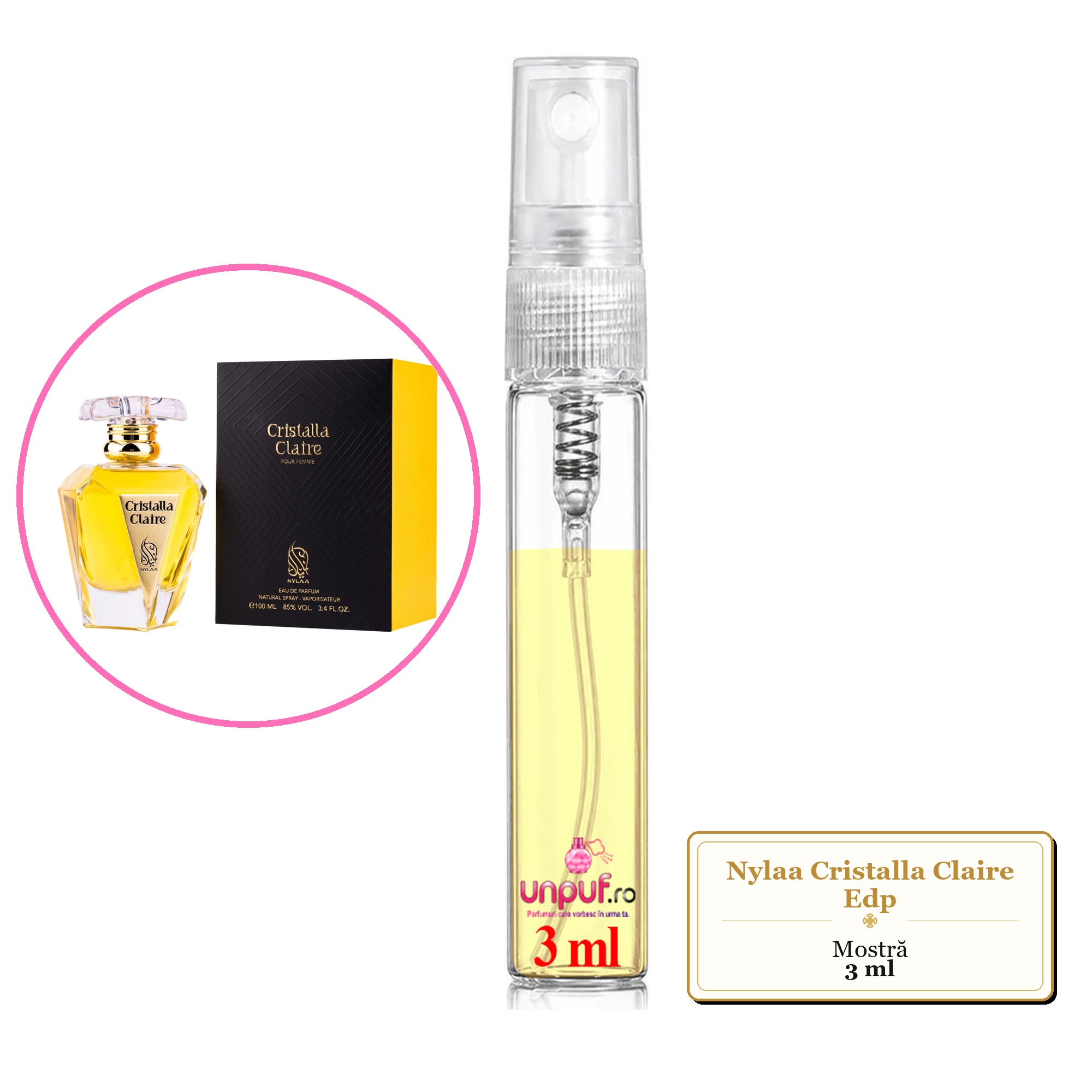 Mostra fiola din Parfumul Nylaa Cristalla Claire Edp, decant sticla cu pulverizator 