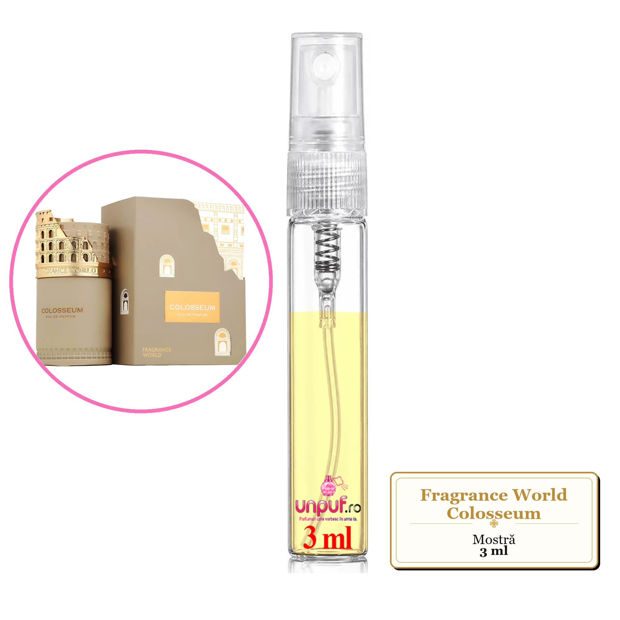 Mostra fiola din Parfumul Fragrance World Colosseum, decant sticla cu pulverizator