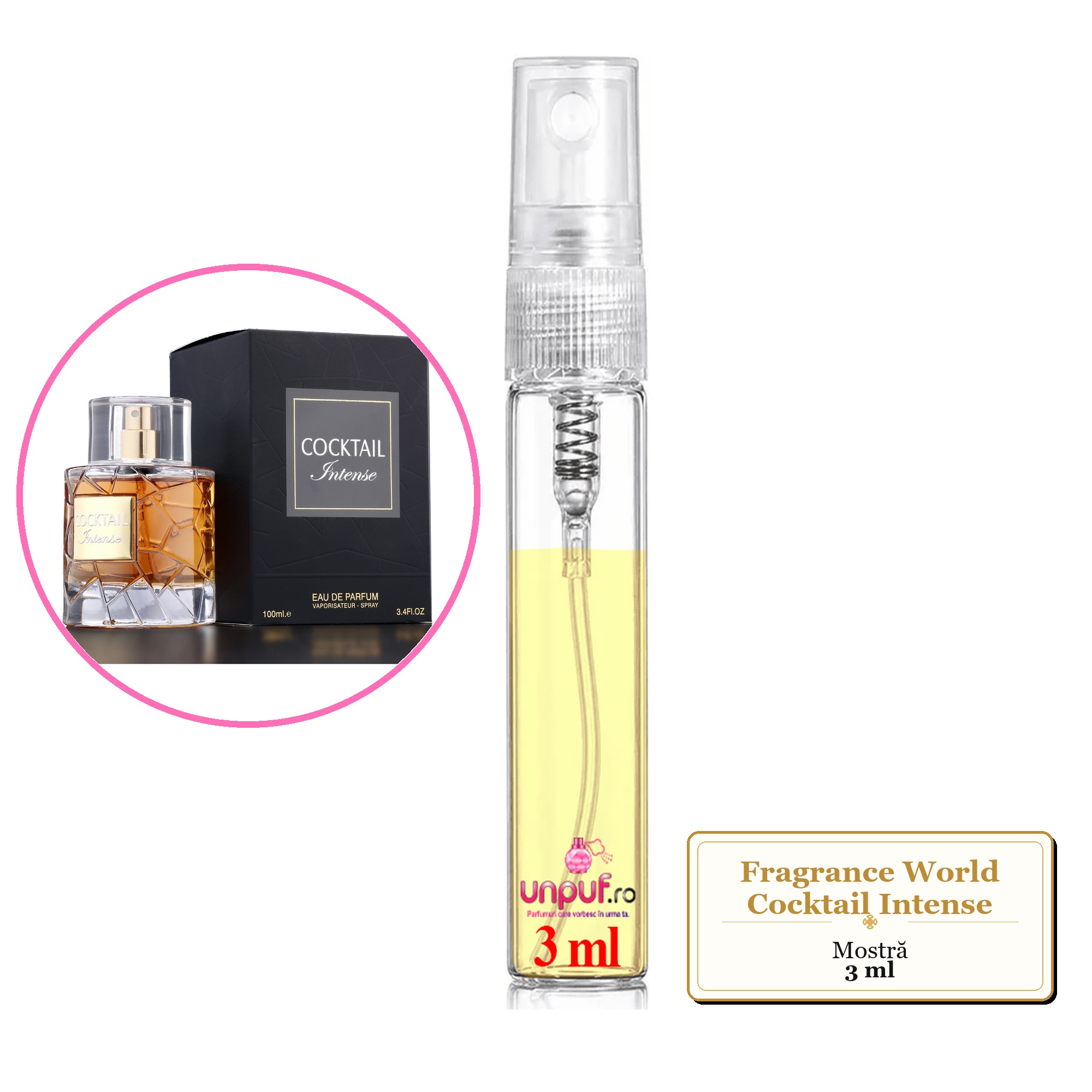Mostra fiola din Parfumul Fragrance World Cocktail Intense, decant sticla cu pulverizator 