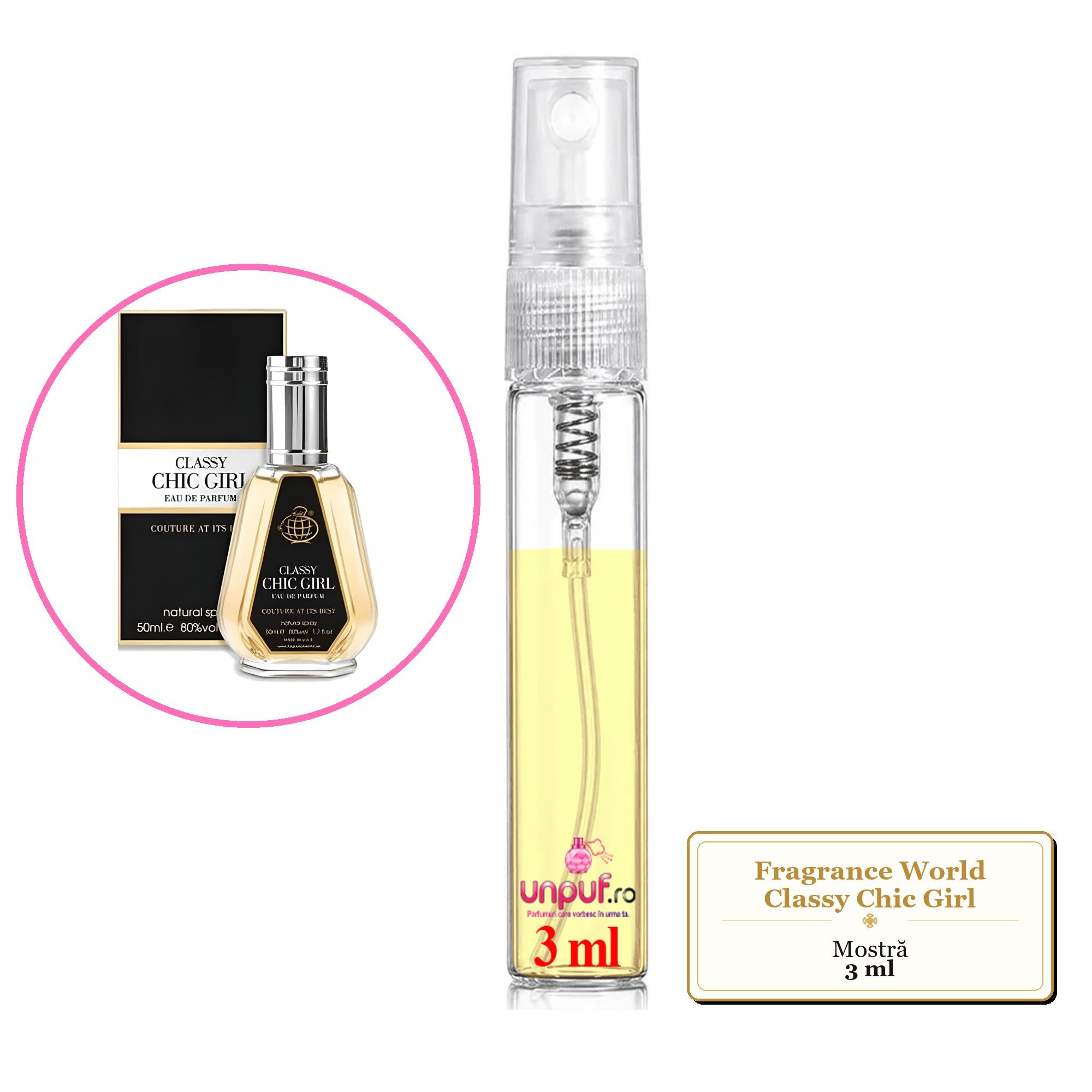 Mostra fiola din Parfumul Fragrance World Classy Chic Girl, decant sticla cu pulverizator