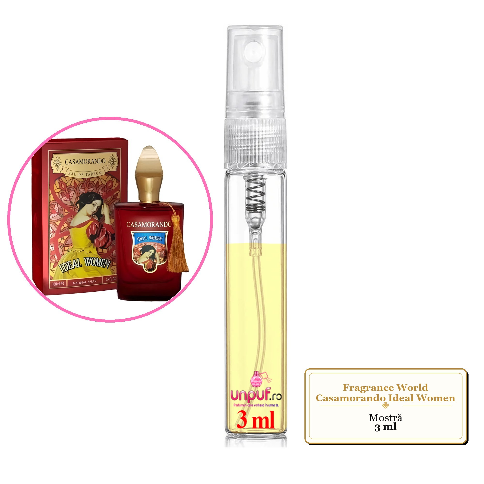 Mostra fiola din Parfumul Fragrance World Casamorando Ideal Women, decant sticla cu pulverizator 