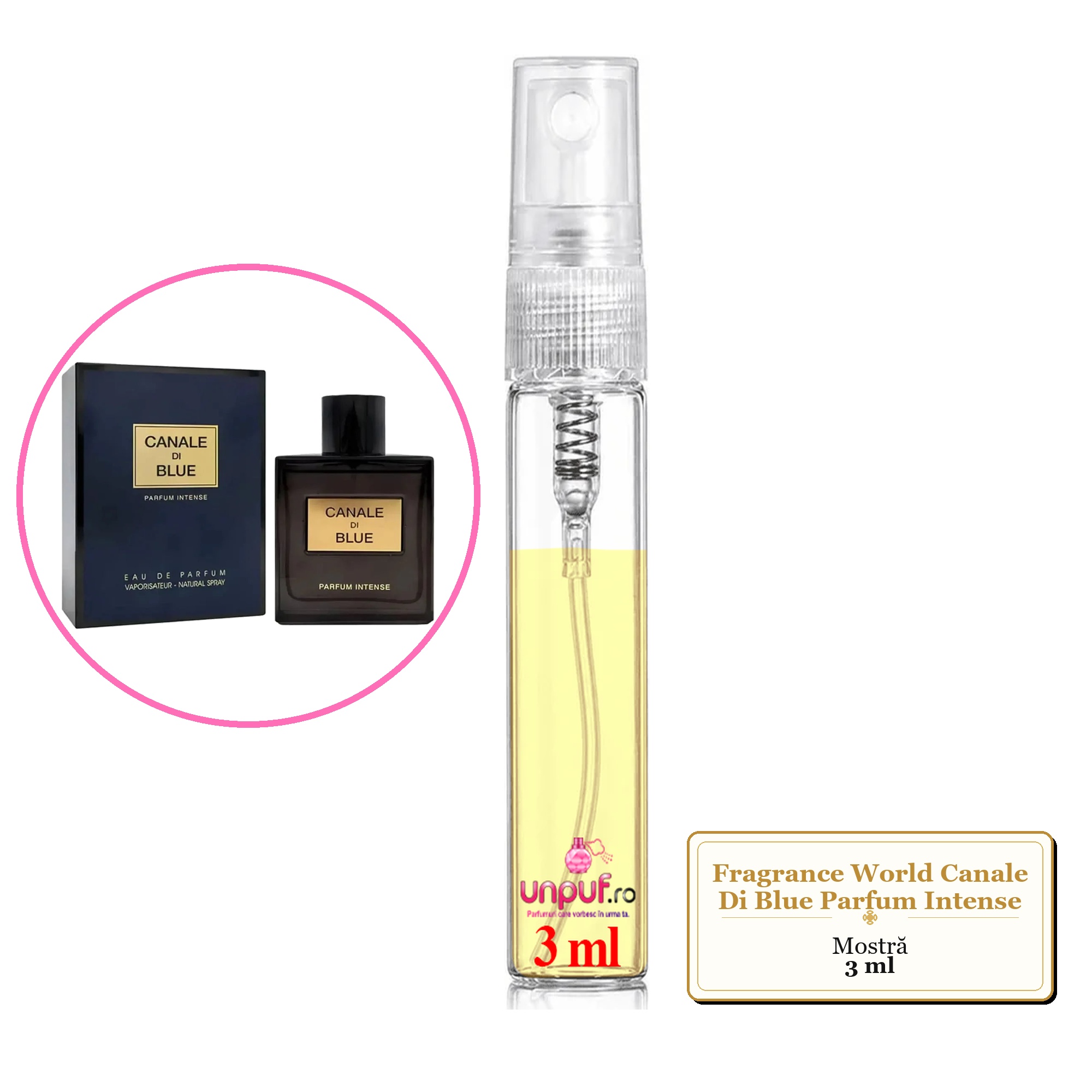 Mostra fiola din Parfumul Fragrance World Canale Di Blue Parfum Intense, decant sticla cu pulverizator 