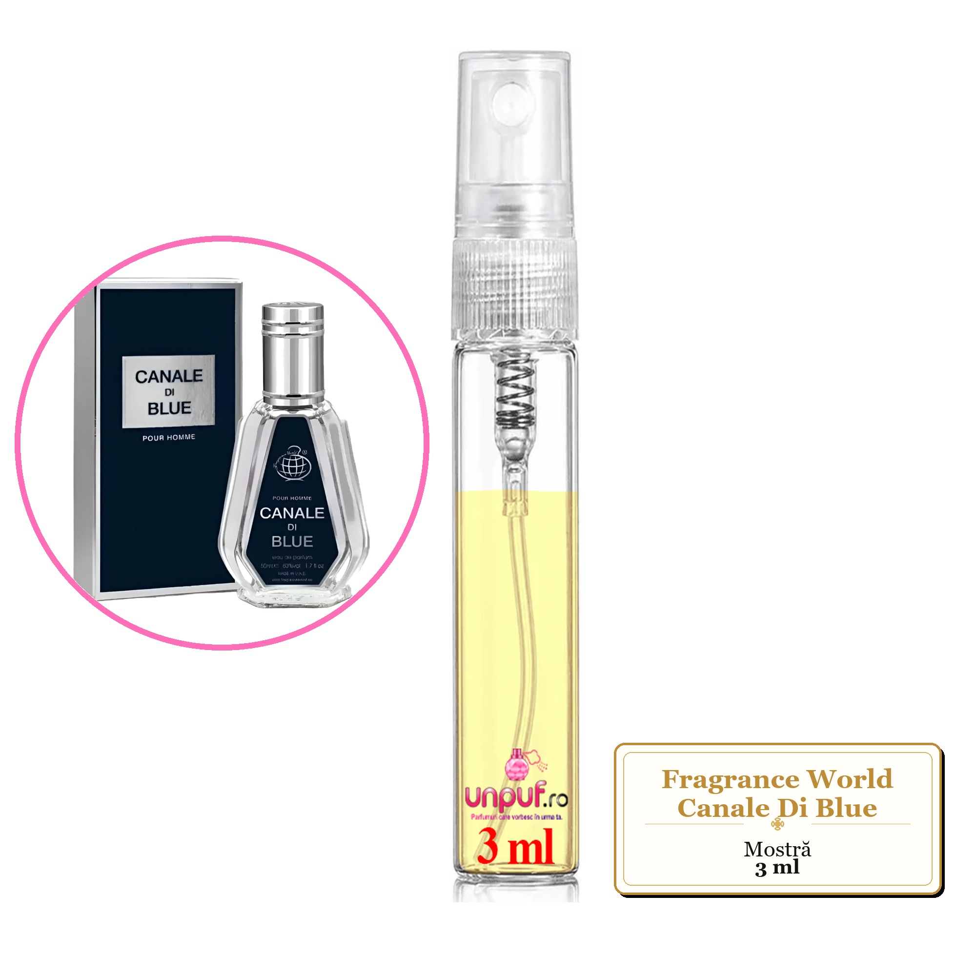 Mostra fiola din Parfumul Fragrance World Canale Di Blue, decant sticla cu pulverizator 