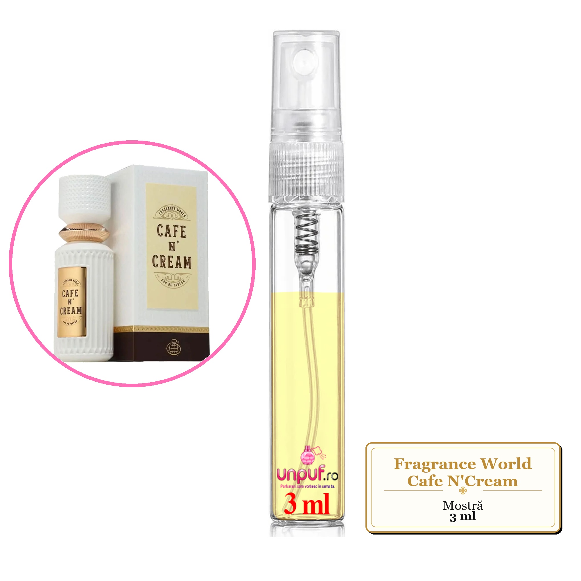 Mostra fiola din Parfumul Fragrance World Cafe N'Cream, decant sticla cu pulverizator 