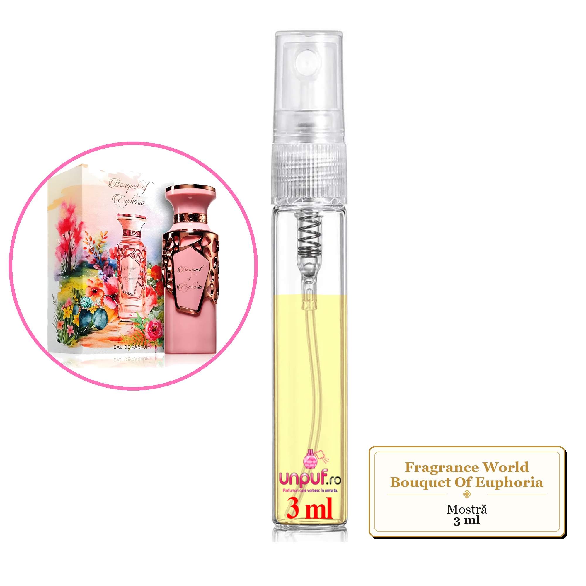 Mostra fiola din Parfumul Fragrance World Bouquet Of Euphoria, decant sticla cu pulverizator 