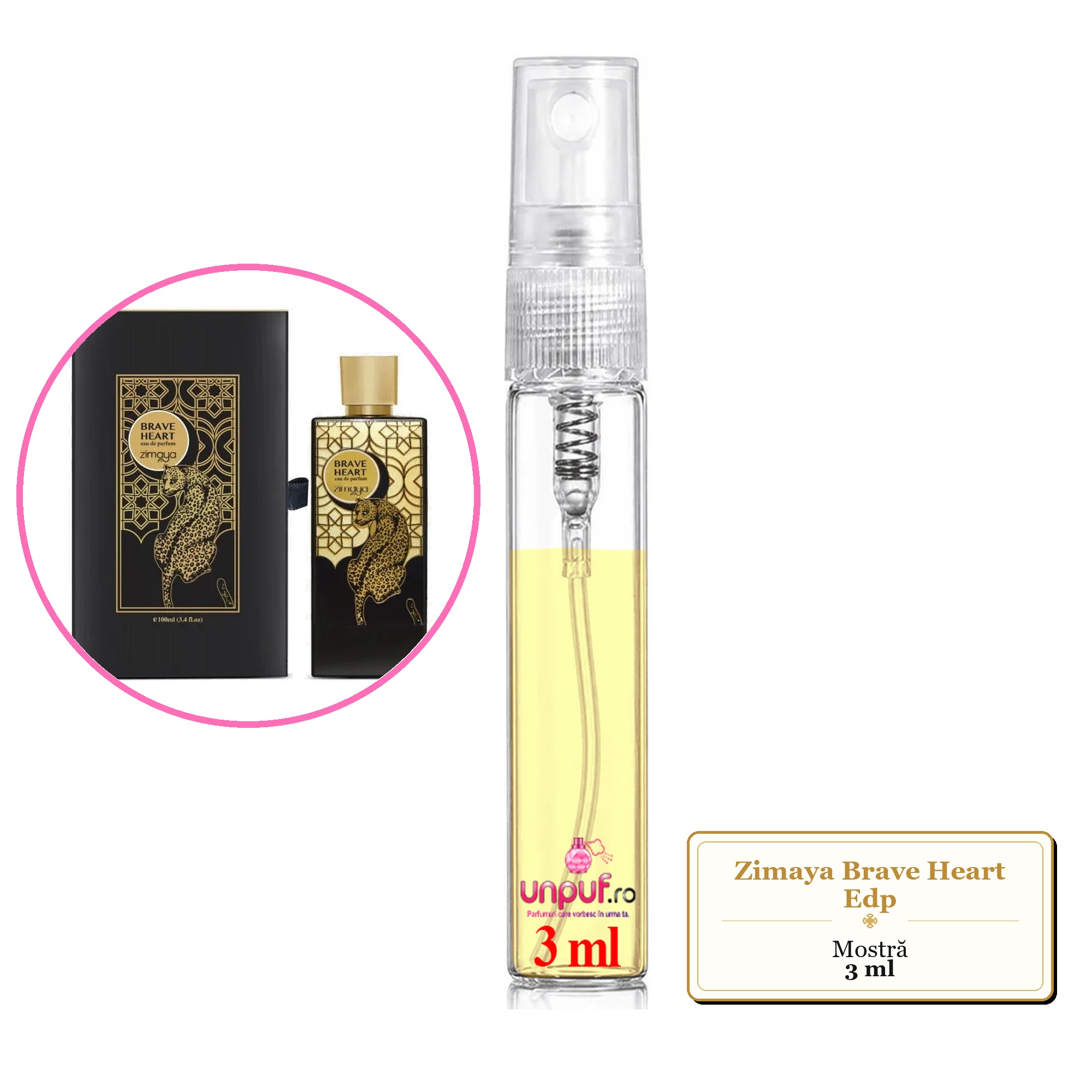 Mostra fiola din Parfumul Zimaya Brave Heart Edp, decant sticla cu pulverizator