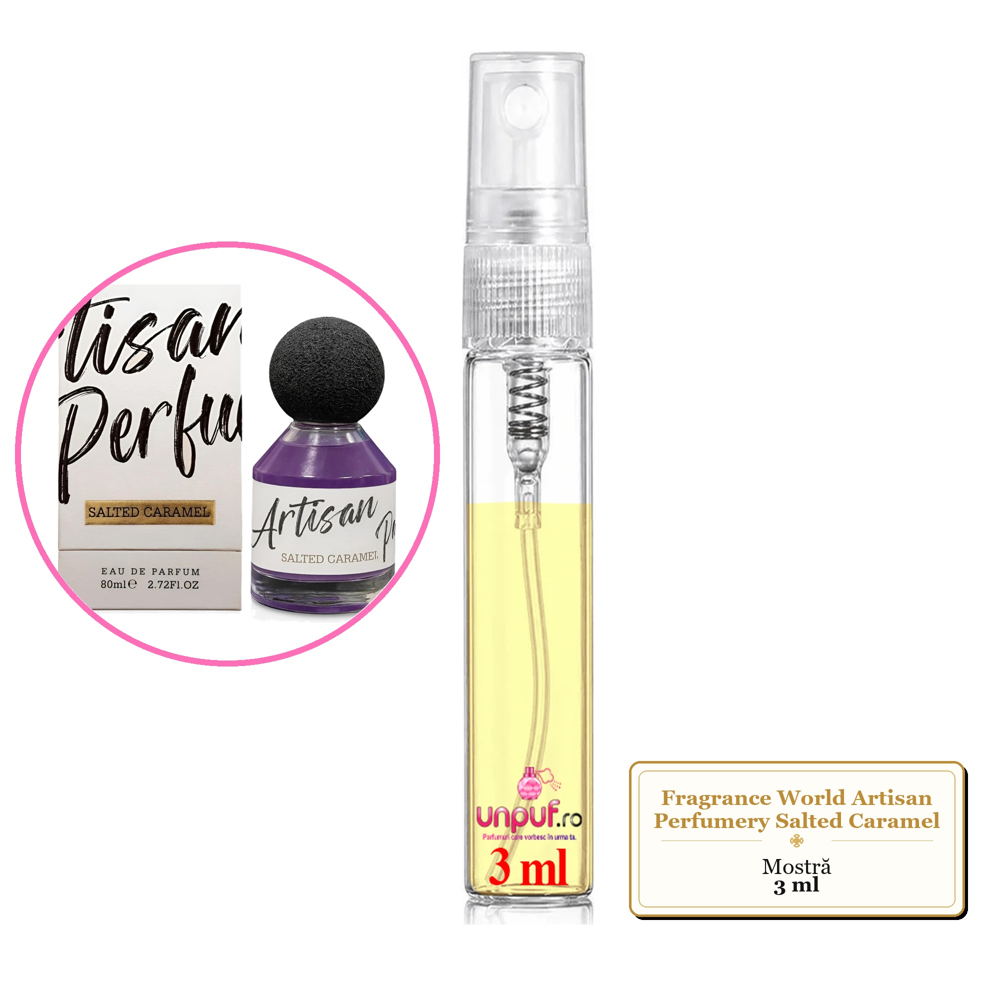 Mostra fiola din Parfumul Fragrance World Artisan Perfumery Salted Caramel, decant sticla cu pulverizator