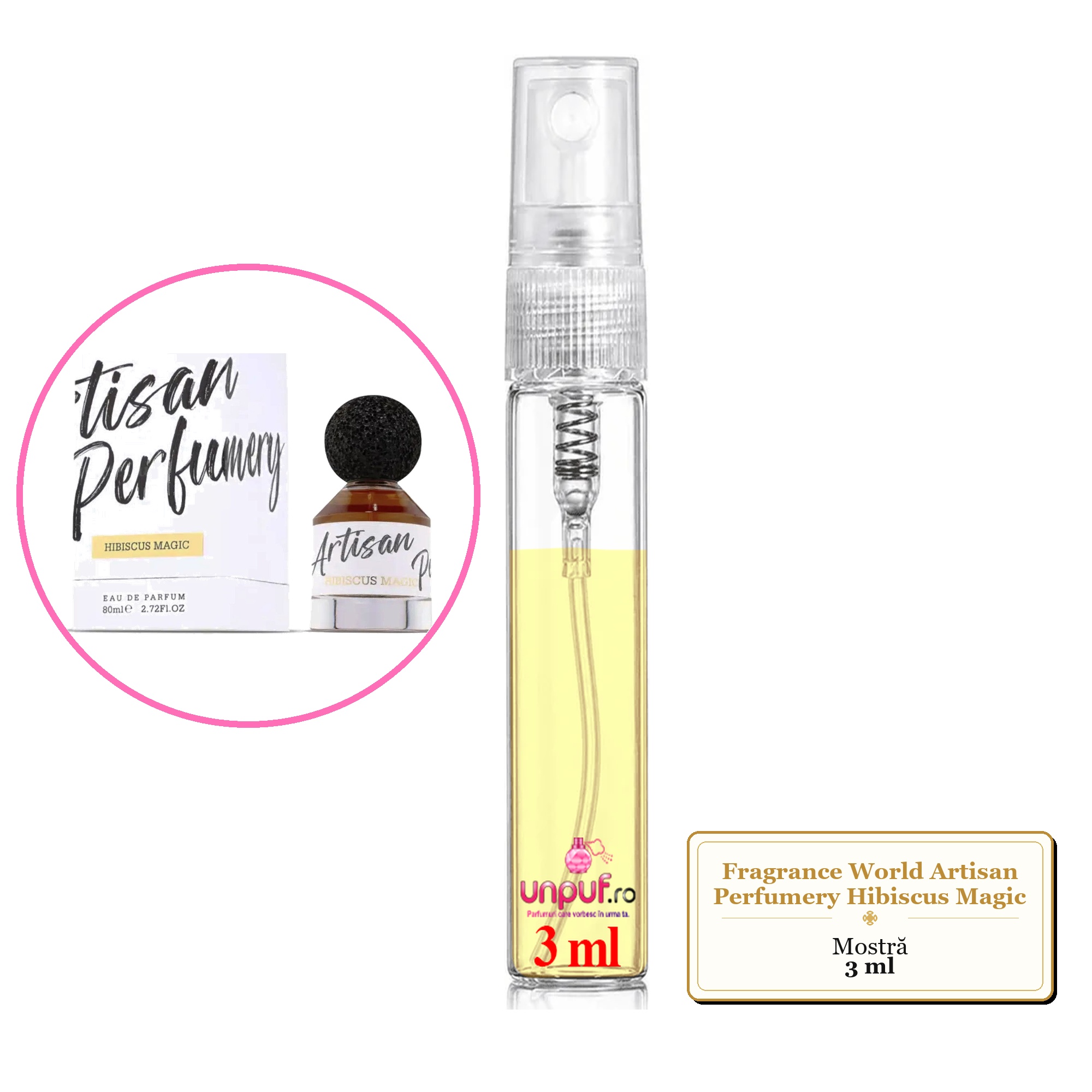 Mostra fiola din Parfumul Fragrance World Artisan Perfumery Hibiscus Magic, decant sticla cu pulverizator 