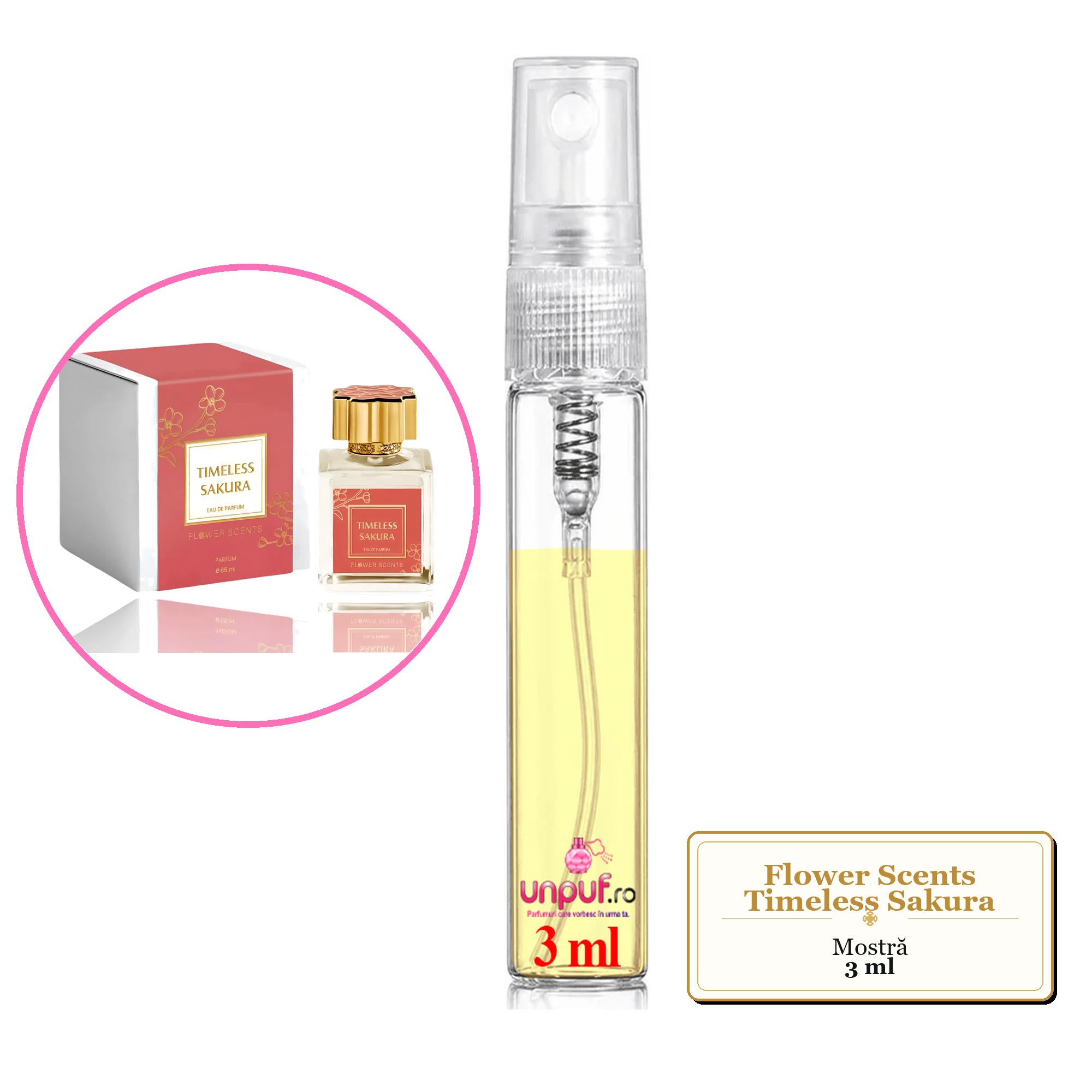 Mostra fiola din Parfumul Flower Scents Timeless Sakura, decant sticla cu pulverizator 