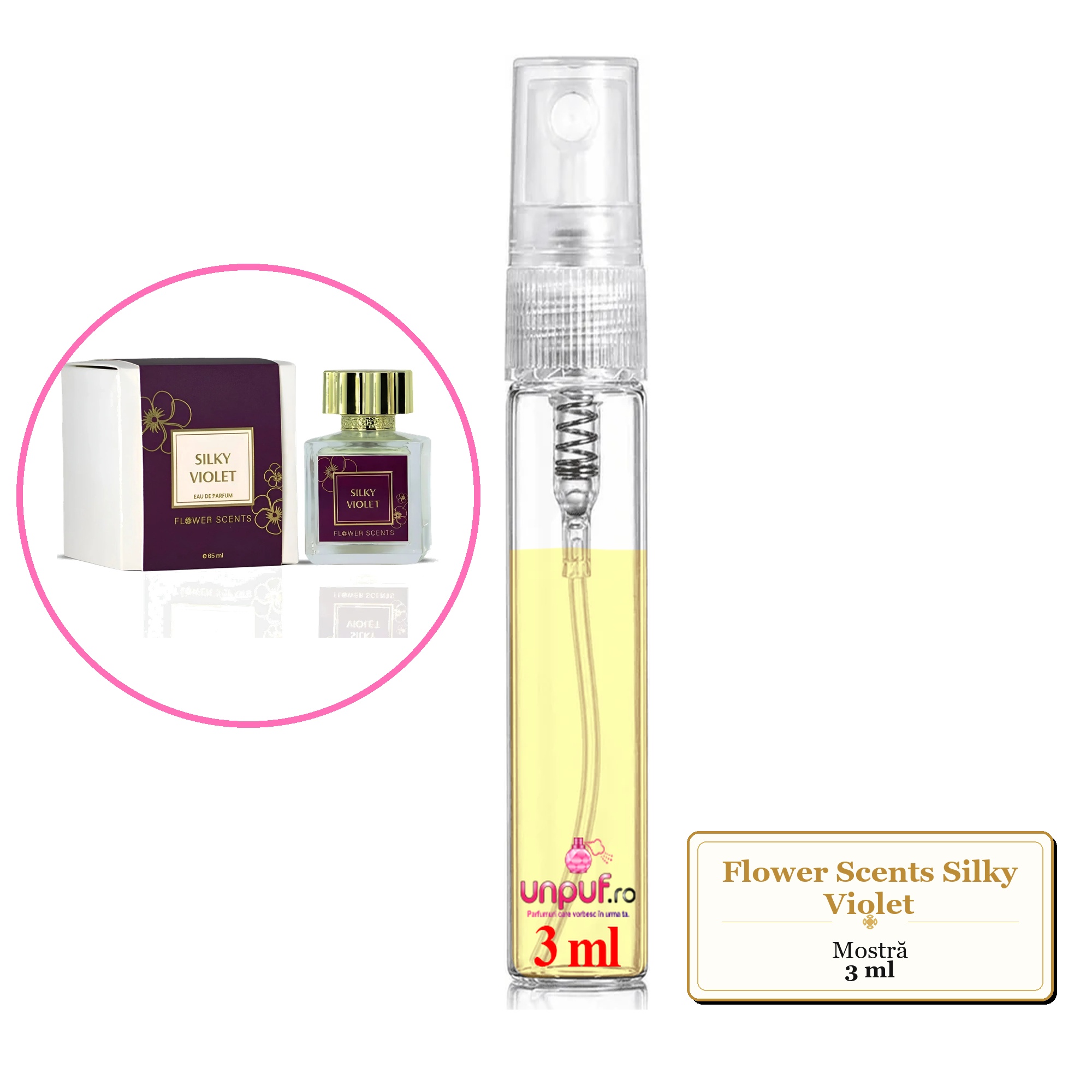 Mostra fiola din Parfumul Flower Scents Silky Violet, decant sticla cu pulverizator 