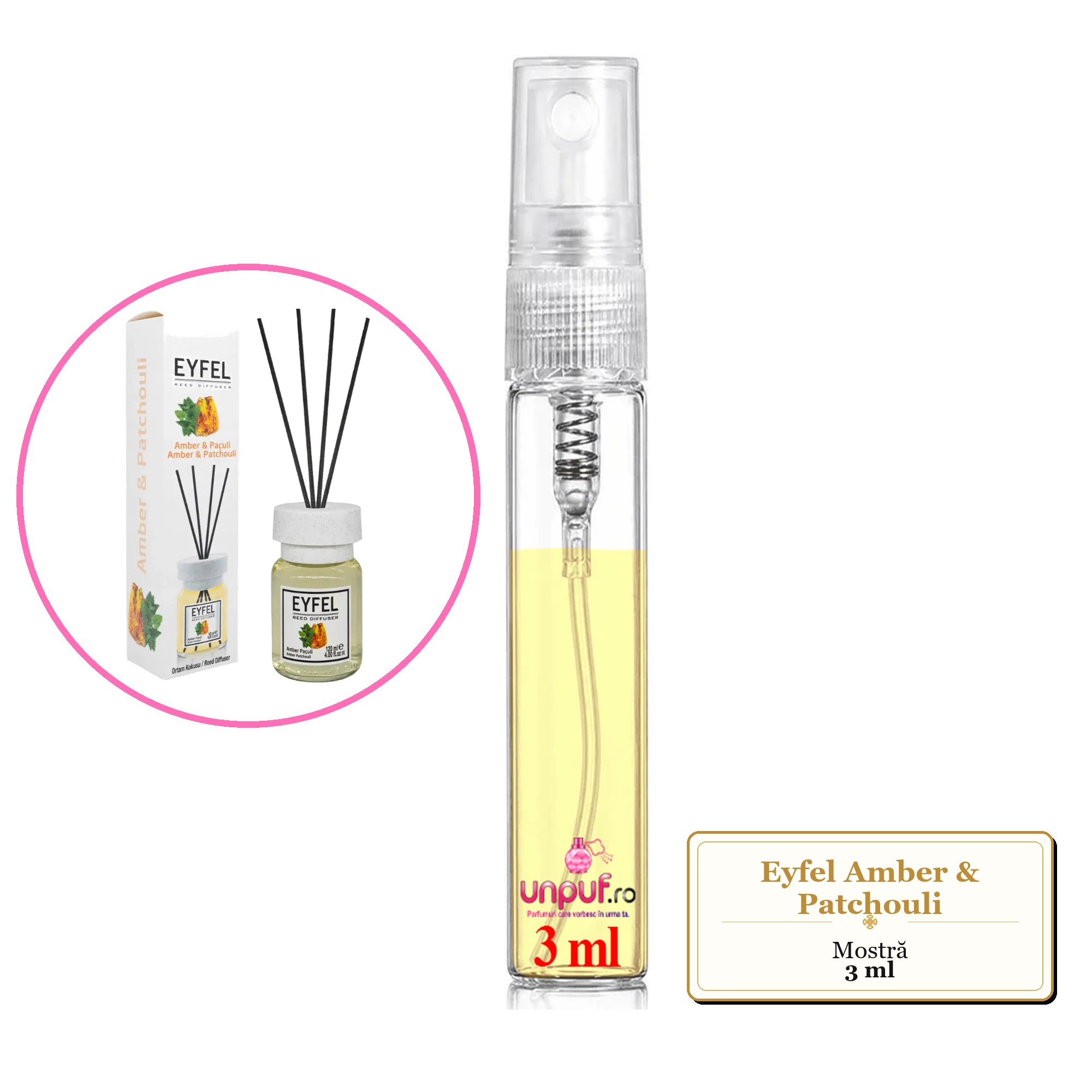 Mostra fiola din Parfumul Eyfel Amber & Patchouli, decant sticla cu pulverizator 