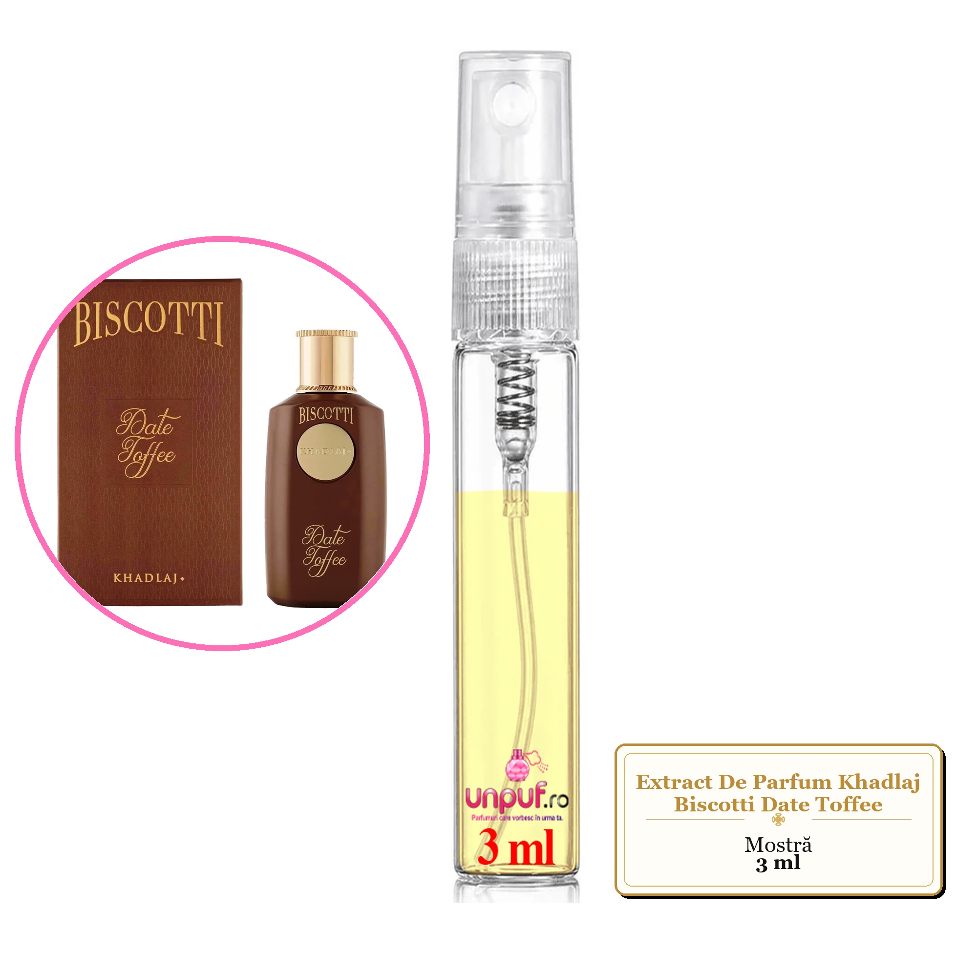 Mostra fiola din Parfumul Extract De Parfum Khadlaj Biscotti Date Toffee, decant sticla cu pulverizator 