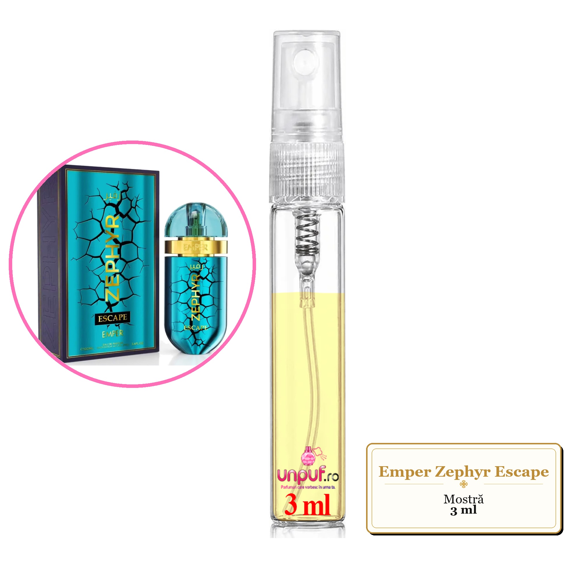 Mostra fiola din Parfumul Emper Zephyr Escape, decant sticla cu pulverizator
