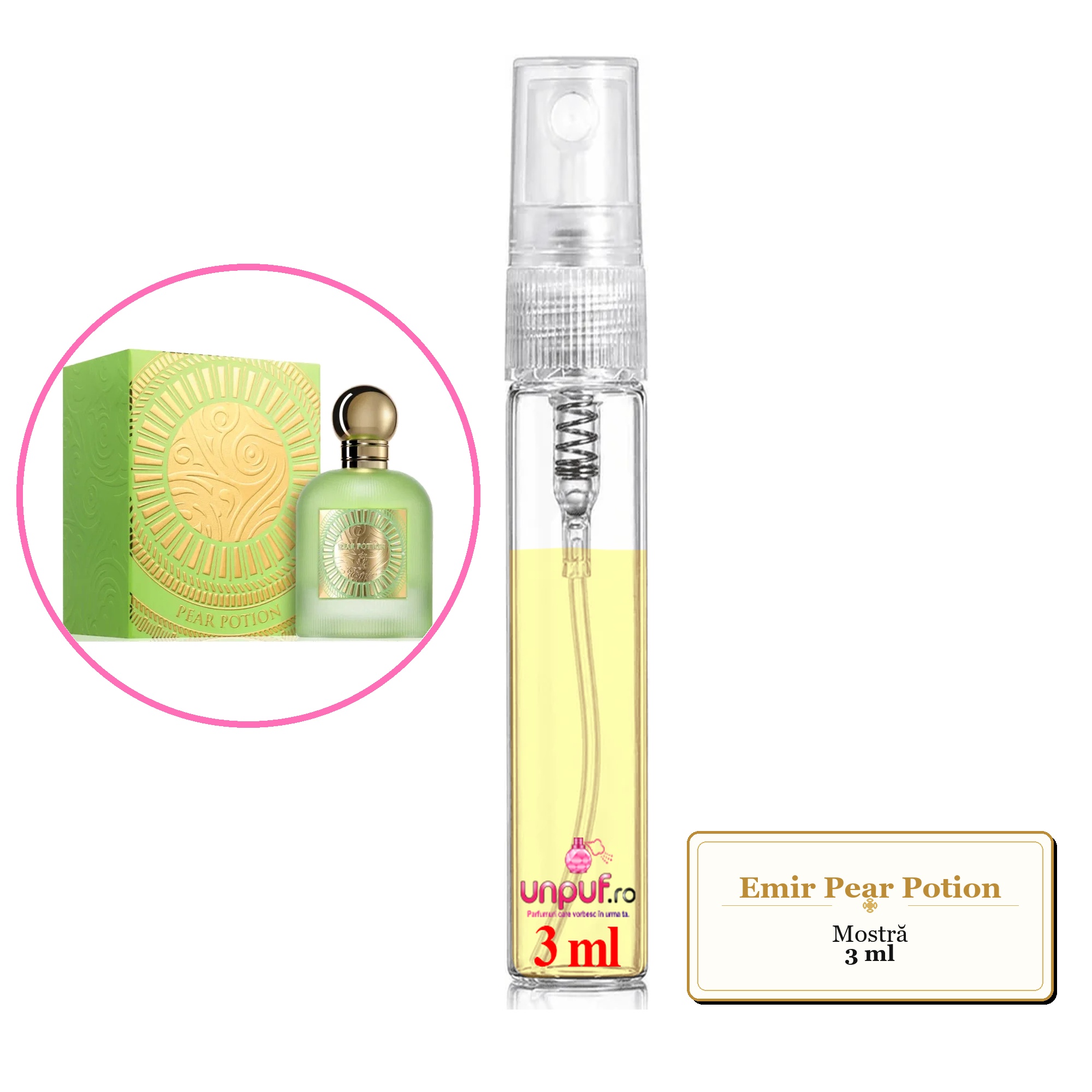 Mostra fiola din Parfumul Emir Pear Potion, decant sticla cu pulverizator 