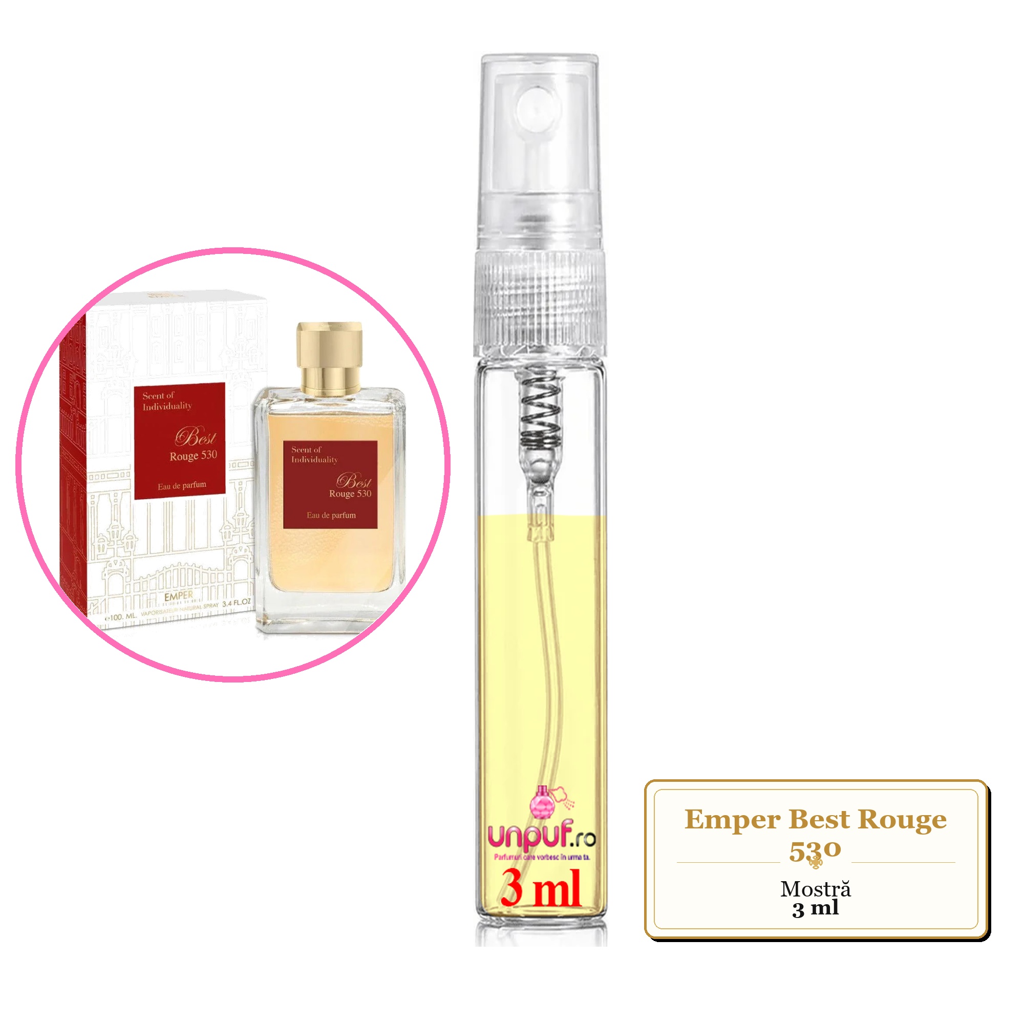 Mostra fiola din Parfumul Emper Best Rouge 530, decant sticla cu pulverizator