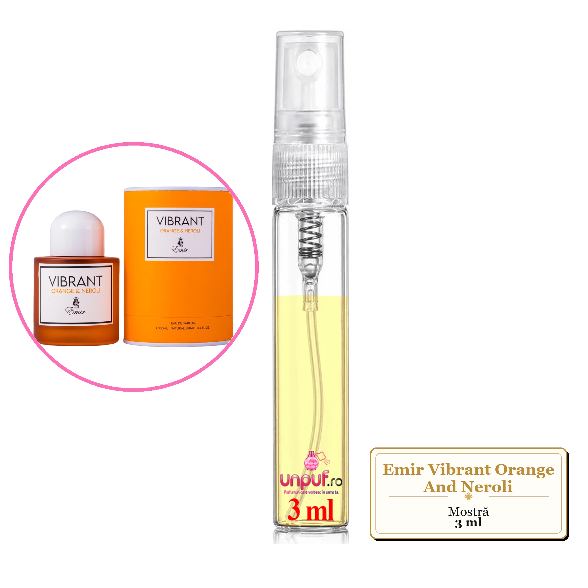 Mostra fiola din Parfumul Emir Vibrant Orange And Neroli, decant sticla cu pulverizator 