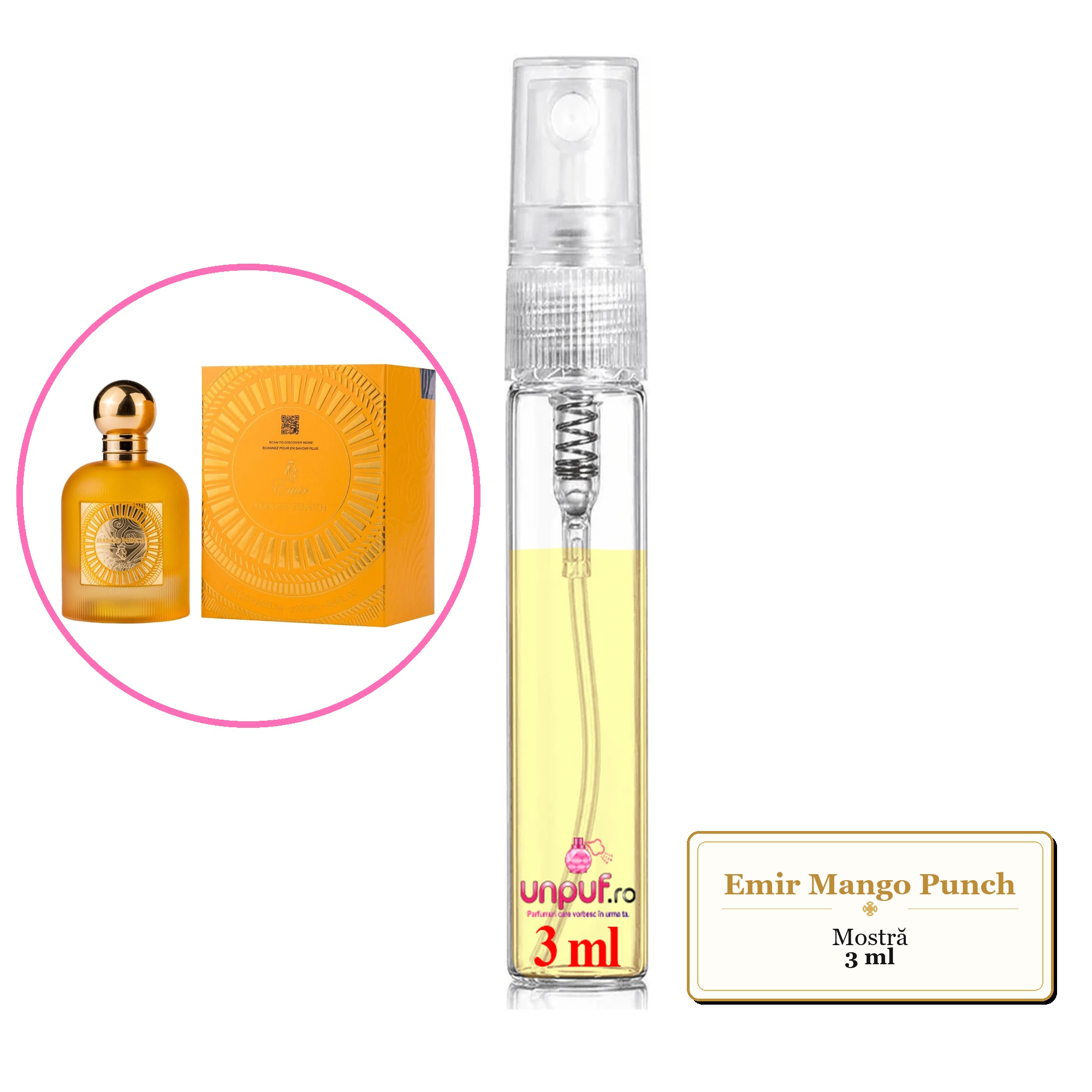 Mostra fiola din Parfumul Emir Mango Punch, decant sticla cu pulverizator 