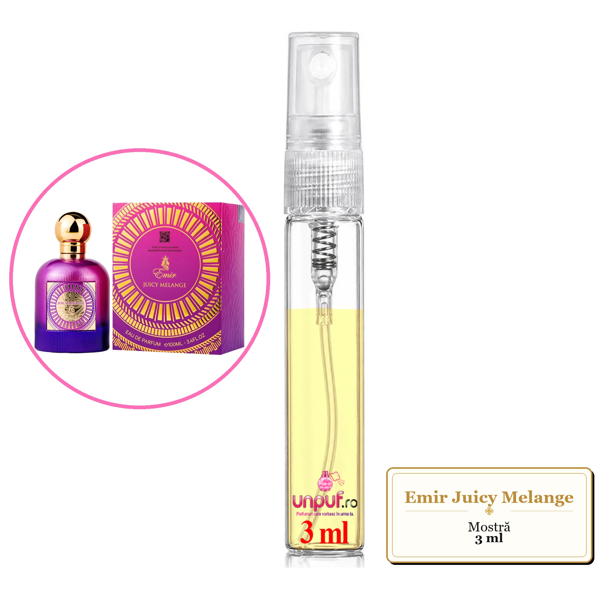Mostra fiola din Parfumul Emir Juicy Melange, decant sticla cu pulverizator 