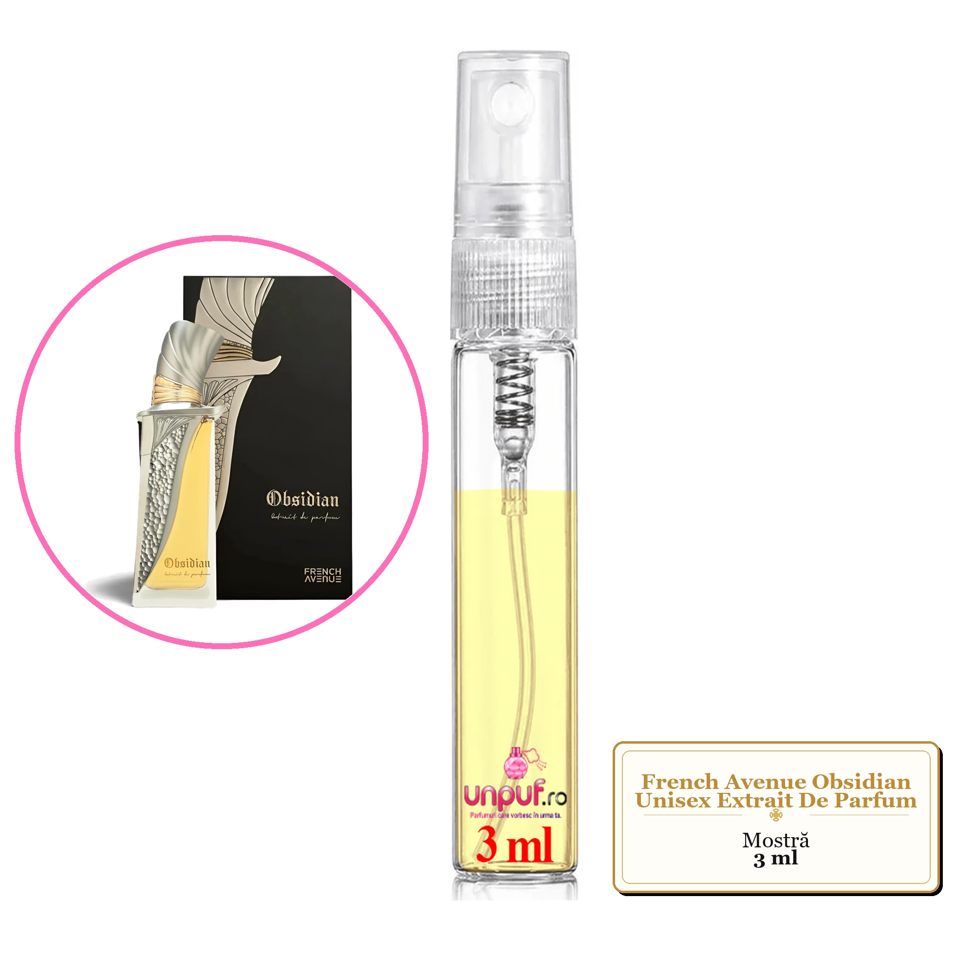 Mostra fiola din Parfumul French Avenue Obsidian Unisex Extrait De Parfum, decant sticla cu pulverizator