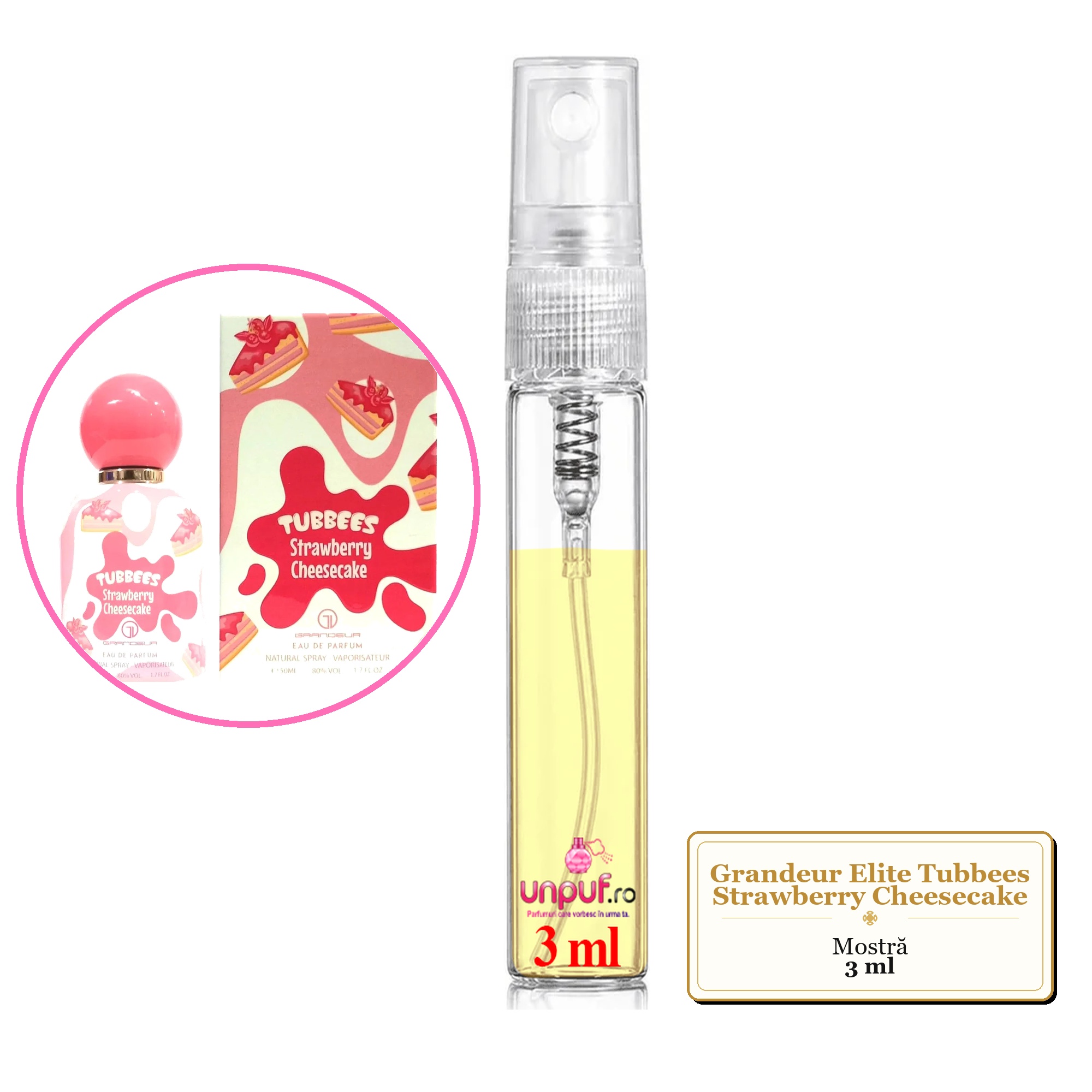 Mostra fiola din Parfumul Grandeur Elite Tubbees Strawberry Cheesecake, decant sticla cu pulverizator 